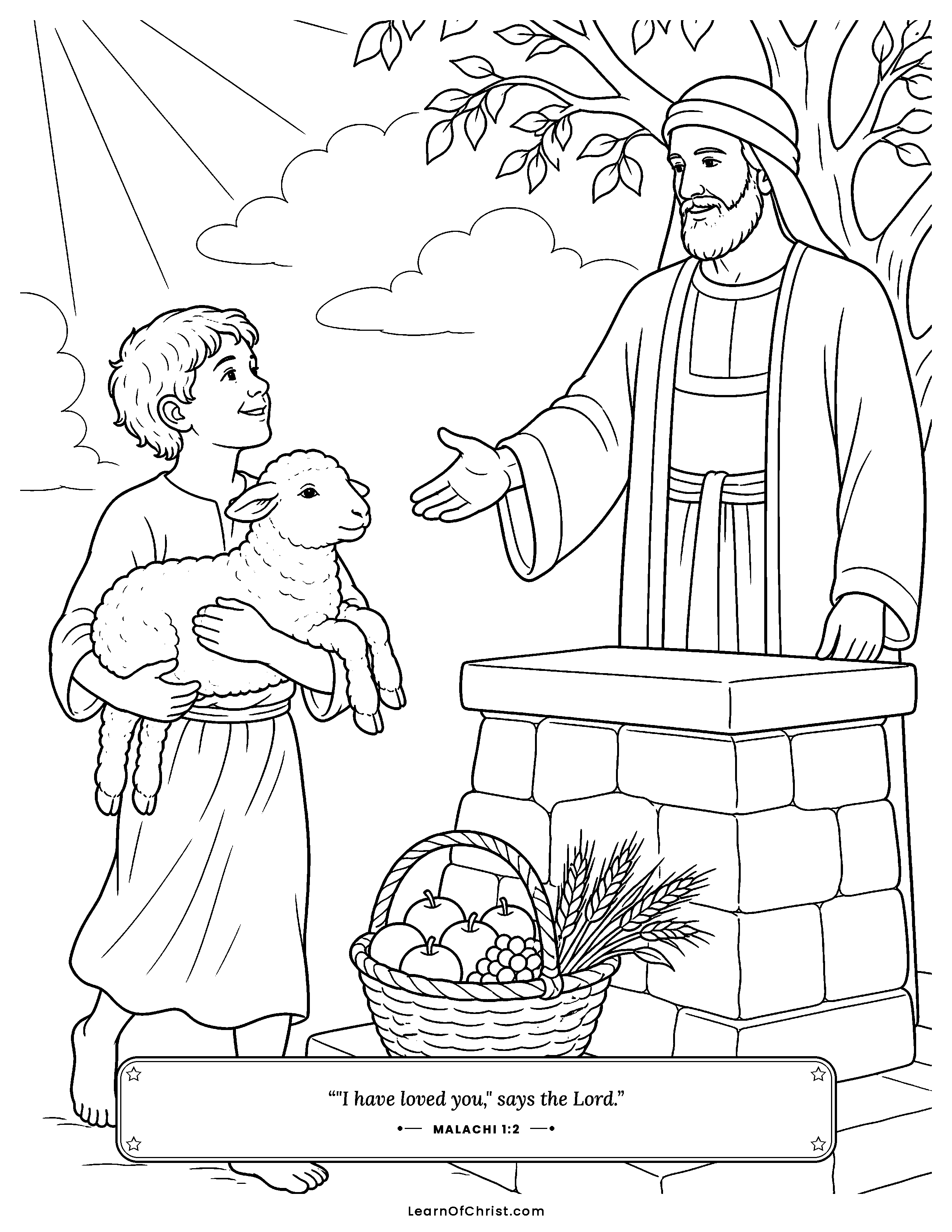 Malachi 1 coloring page - Bringing the very best lamb. Free printable Bible coloring sheet for kids.