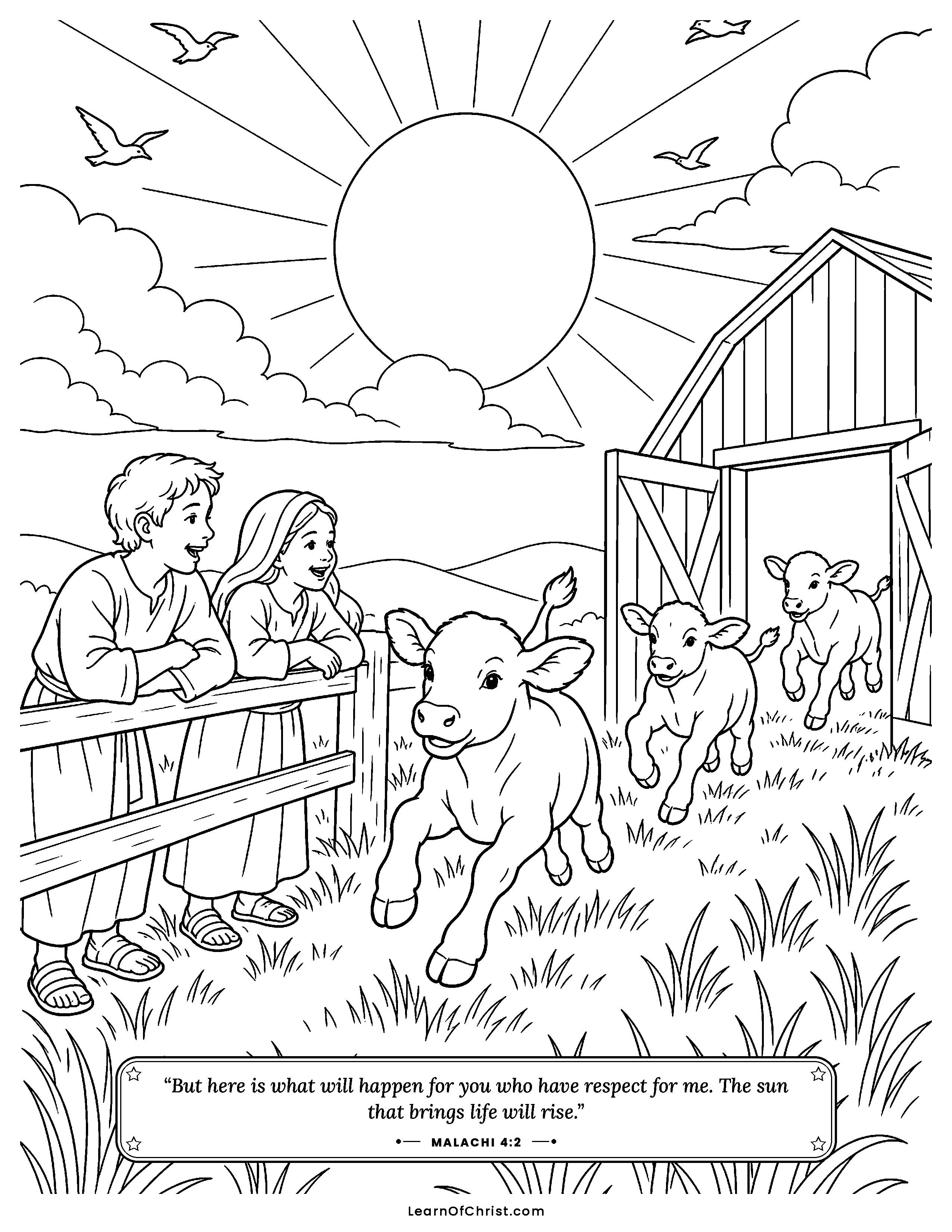 Malachi 4 coloring page - Calves leap out into the sunrise. Free printable Bible coloring sheet for kids.