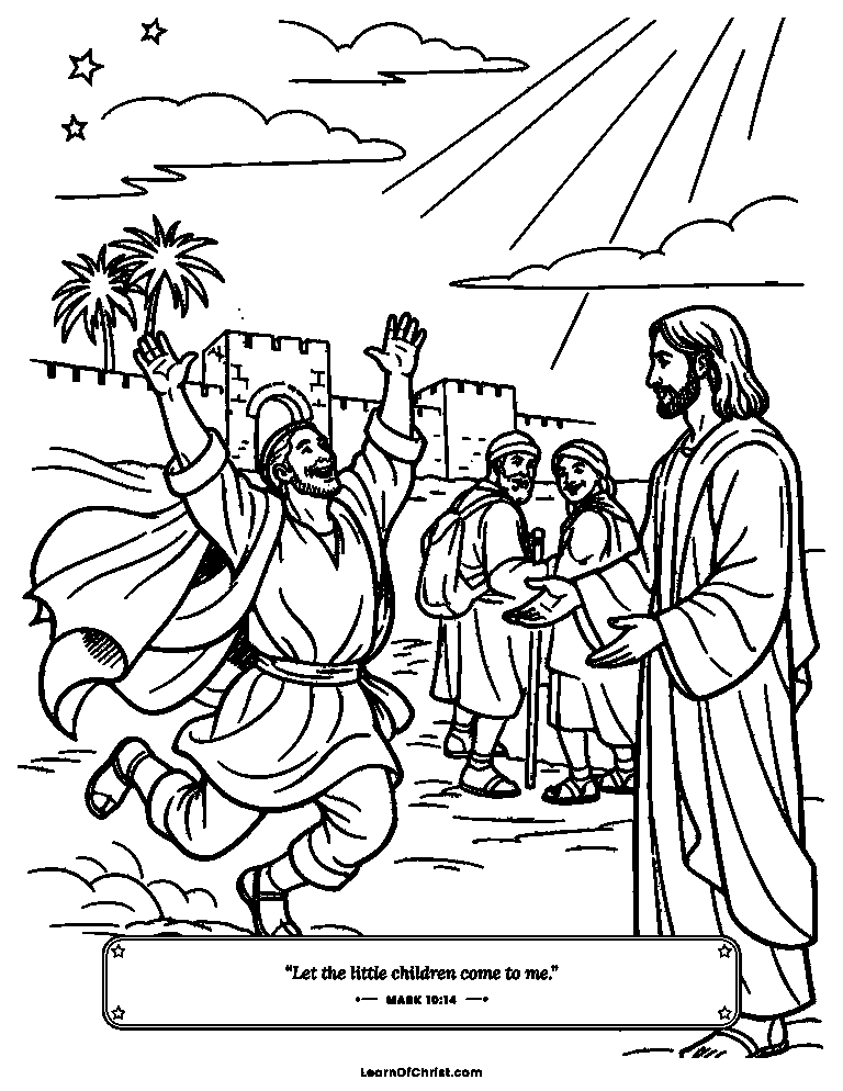 Mark 10 coloring page - Bartimaeus jumps up and throws his cloak