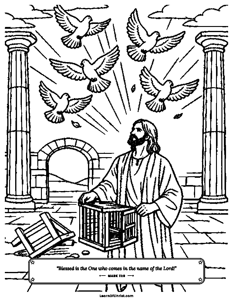 Mark 11 coloring page - Jesus sets the doves free in the temple court