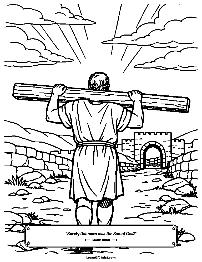 Mark 15 coloring page - Simon carries the heavy wooden beam