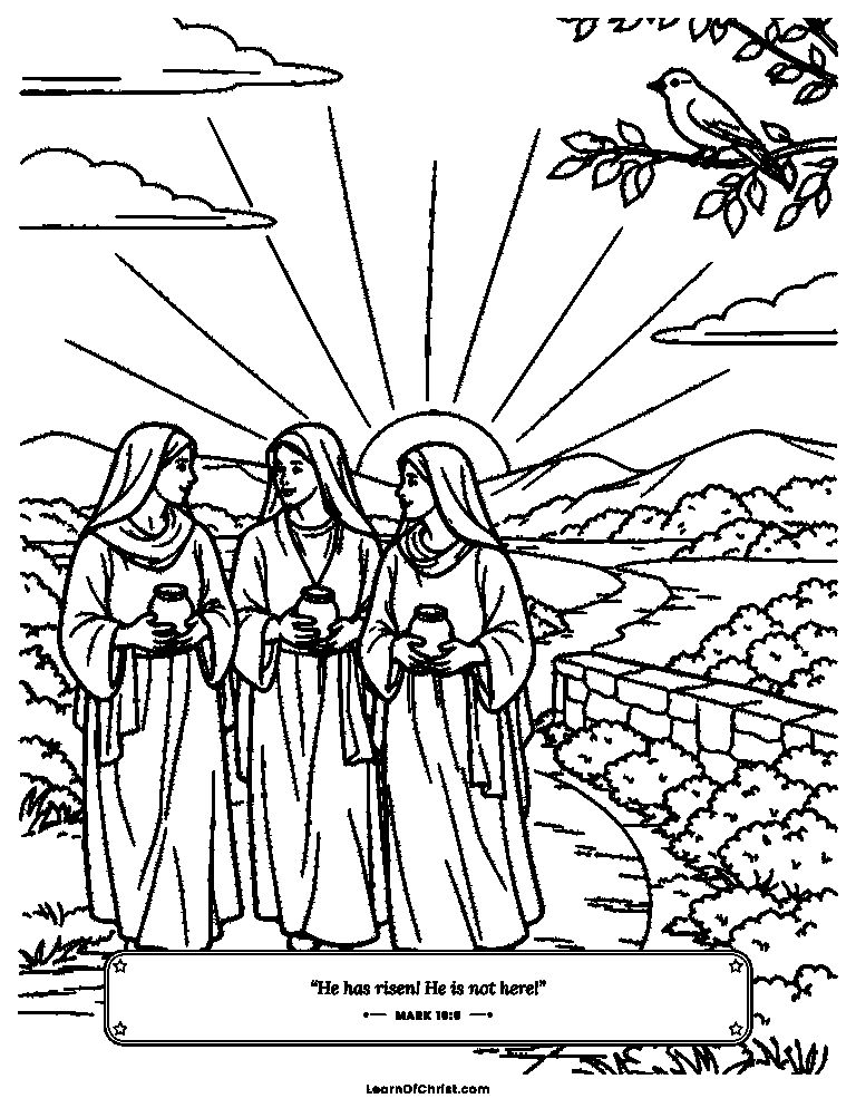 Mark 16 coloring page - Walking to the tomb at first light