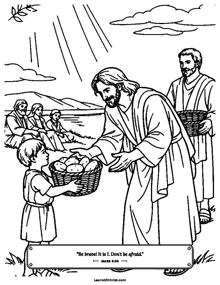 Mark 6 coloring page - A boy gives Jesus his five loaves