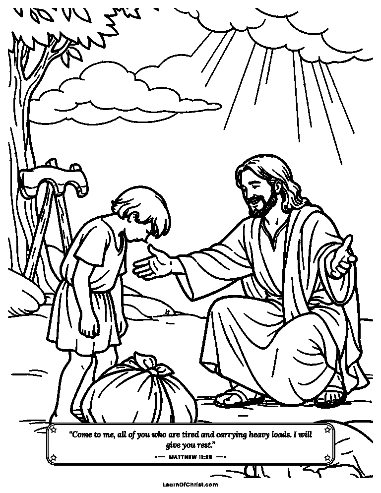 Matthew 11 coloring page - Jesus welcomes a tired child to rest