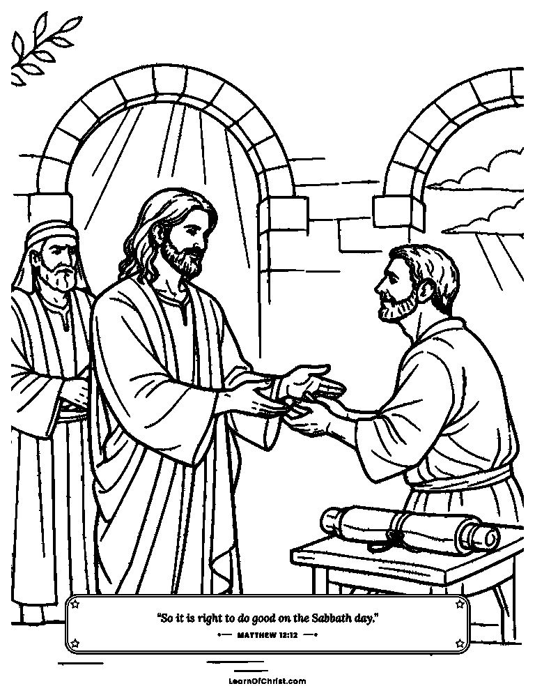 Matthew 12 coloring page - Jesus heals a hand on the rest day