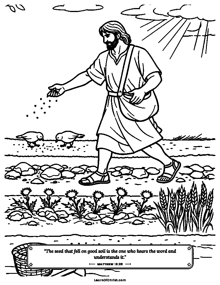 Matthew 13 coloring page - A farmer scatters seed on four soils