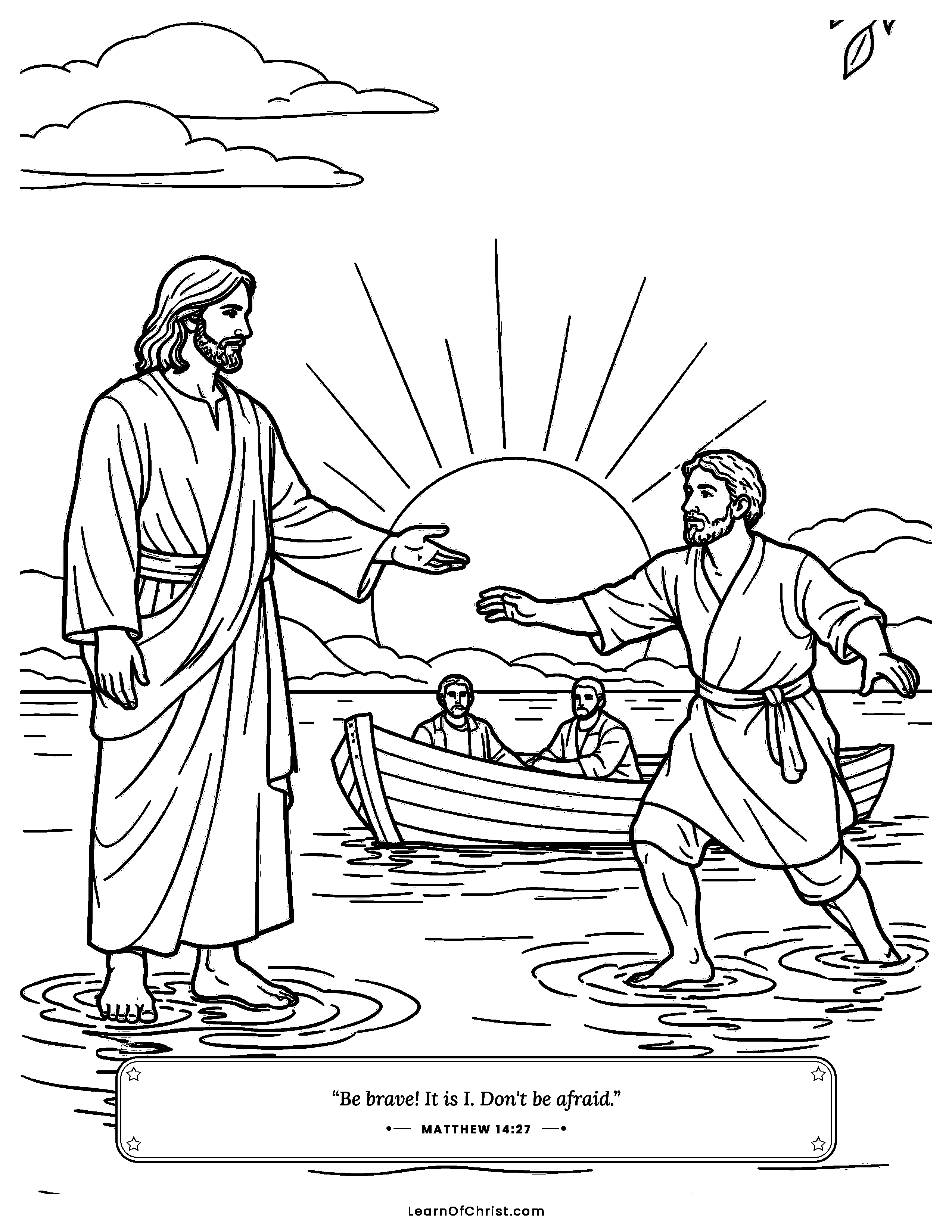 Matthew 14 coloring page - Jesus reaches out to steady Peter. Free printable Bible coloring sheet for kids.