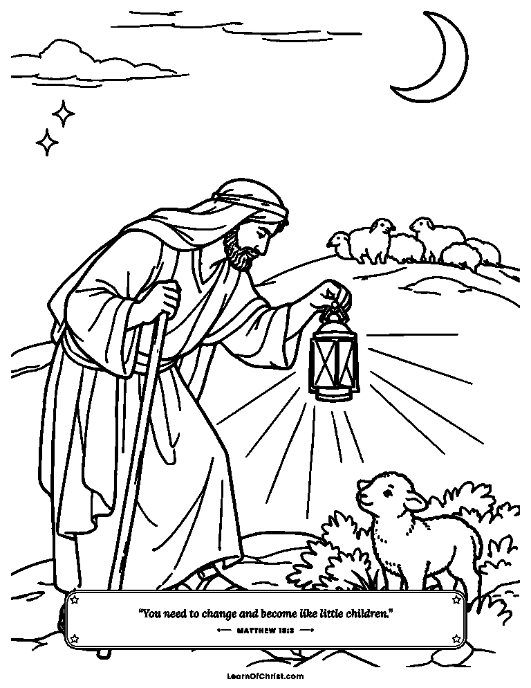 Matthew 18 coloring page - Searching the hills for one lost lamb