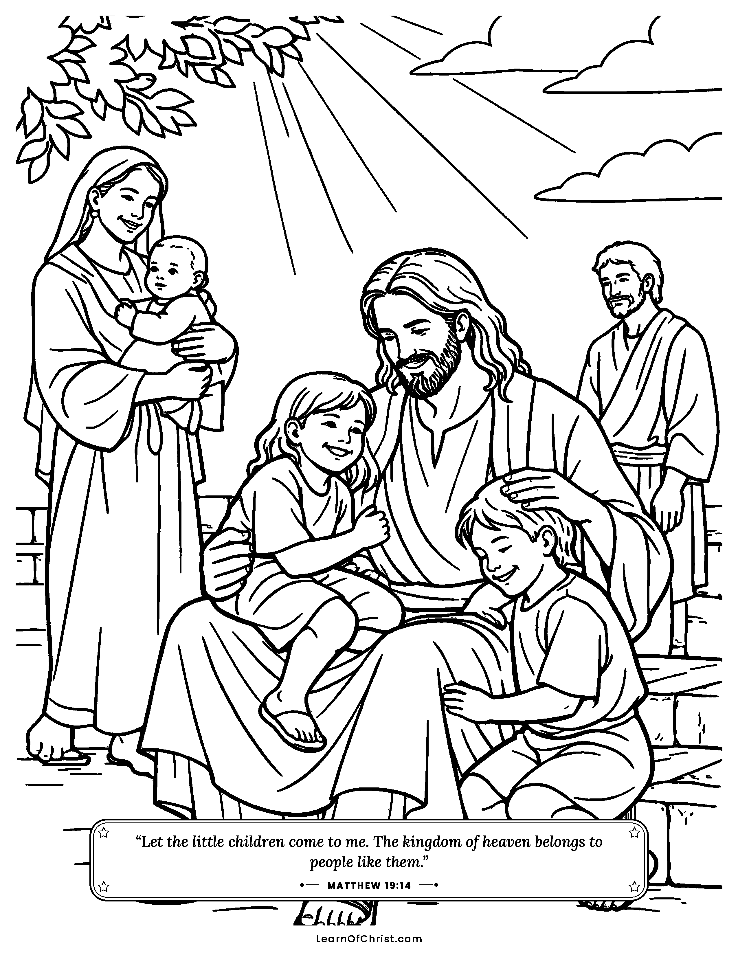 Matthew 19 coloring page - Jesus welcomes the little children. Free printable Bible coloring sheet for kids.