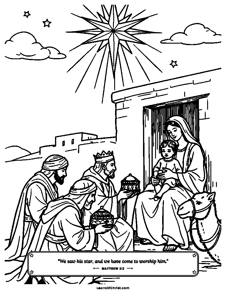 Matthew 2 coloring page - Wise men bring gifts to the child
