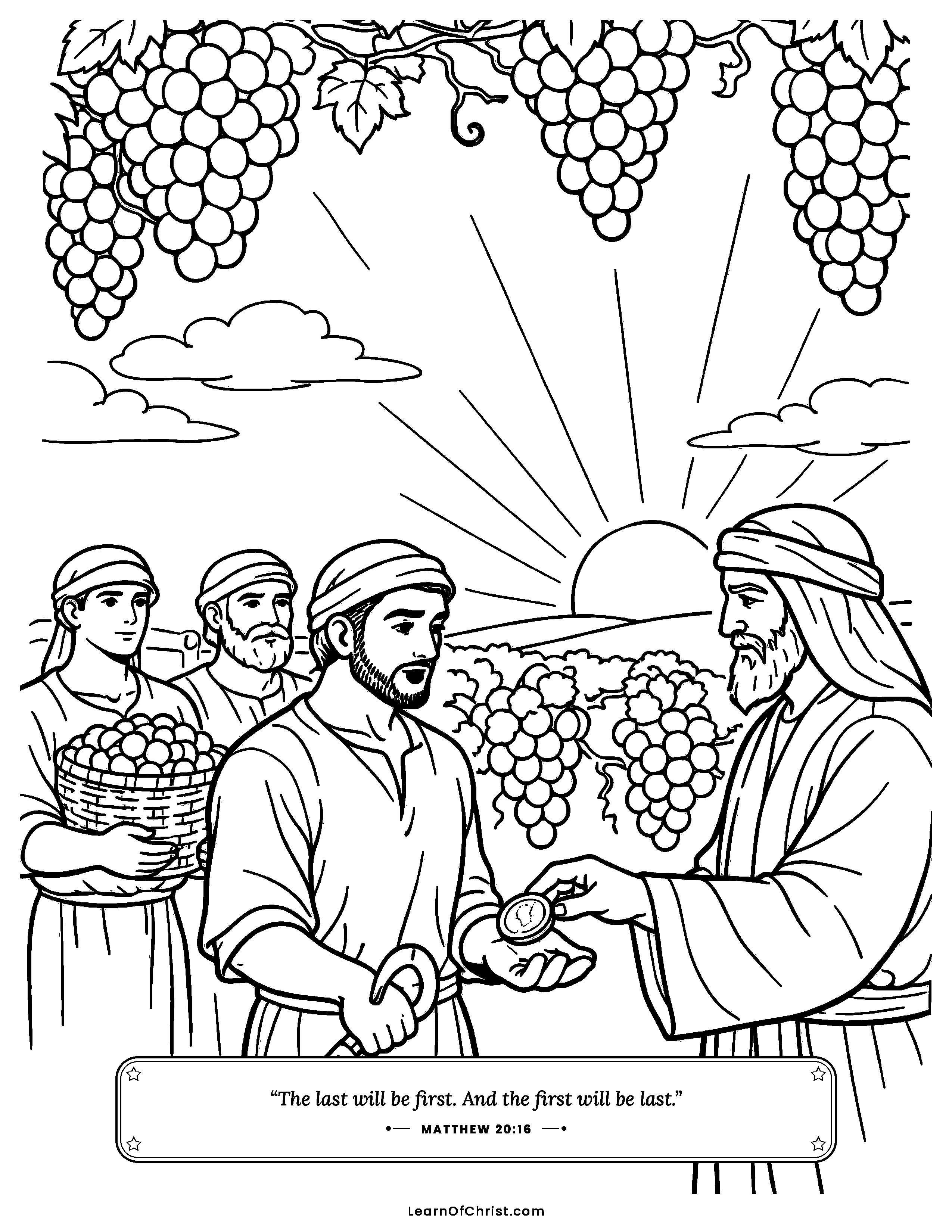 Matthew 20 coloring page - Every worker is paid the same. Free printable Bible coloring sheet for kids.