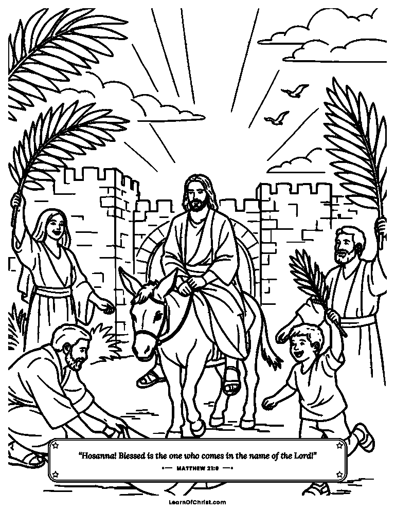 Matthew 21 coloring page - Jesus rides into the city on a donkey