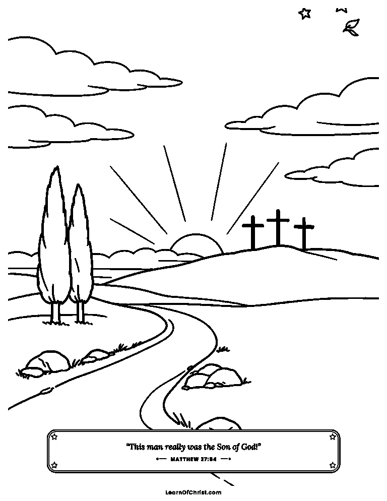 Matthew 27 coloring page - Three crosses on a far hill at dusk