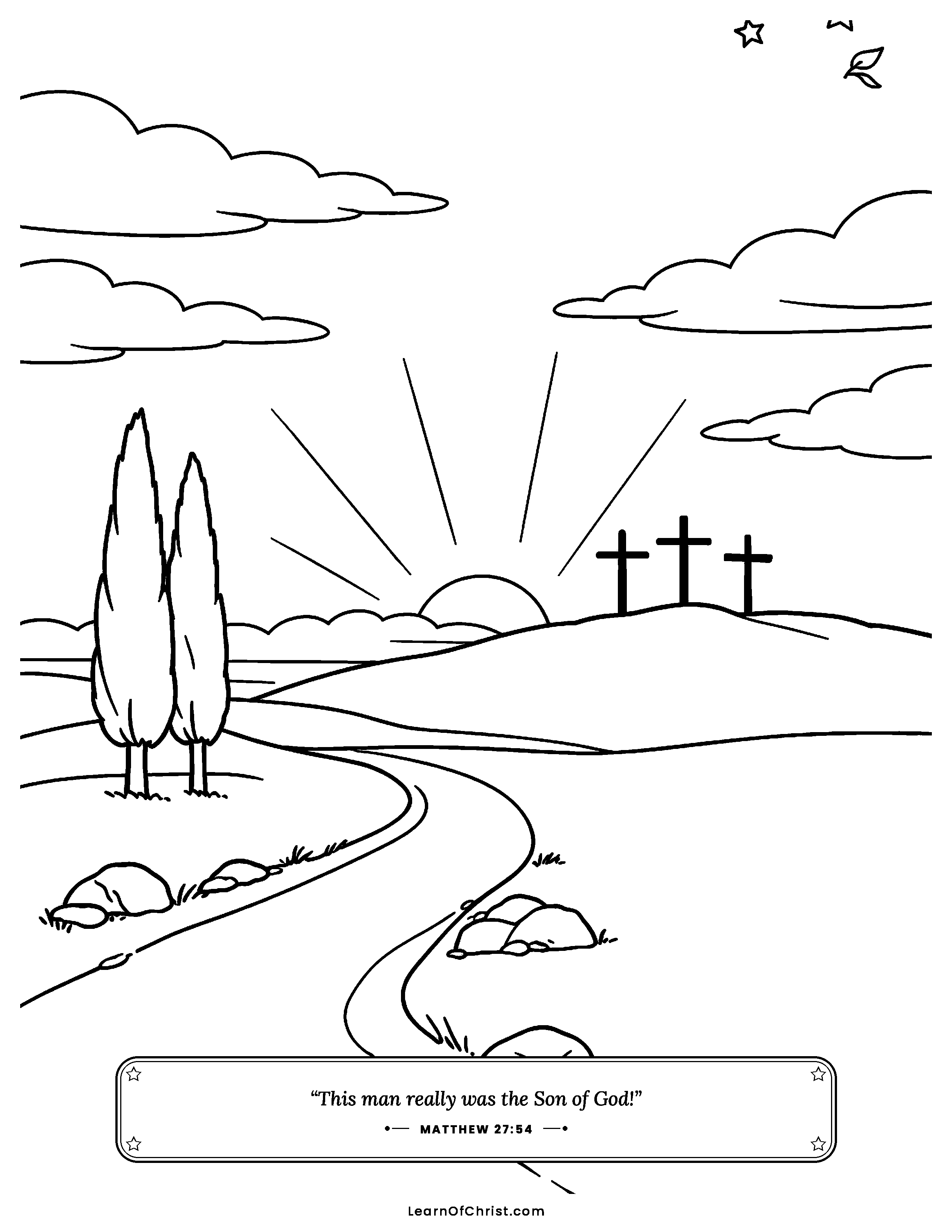 Matthew 27 coloring page - Three crosses on a far hill at dusk. Free printable Bible coloring sheet for kids.