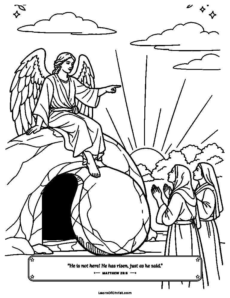 Matthew 28 coloring page - An angel sits on the rolled away stone
