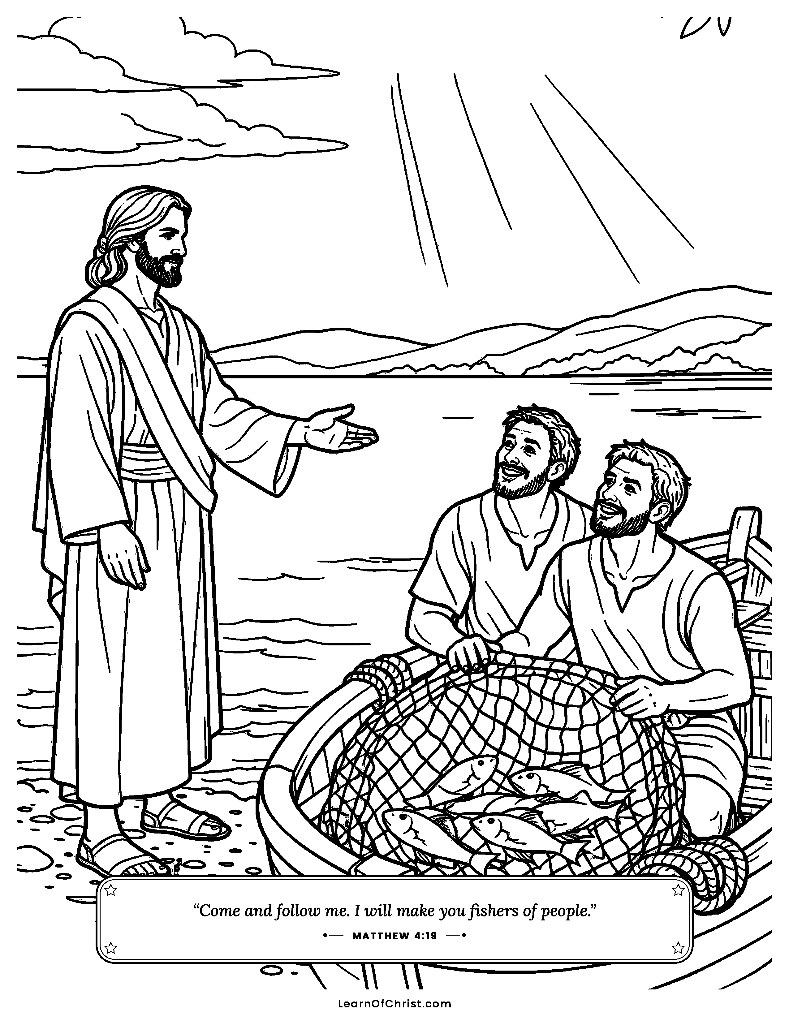 Matthew 4 coloring page - Jesus calls the fishermen to follow. Free printable Bible coloring sheet for kids.