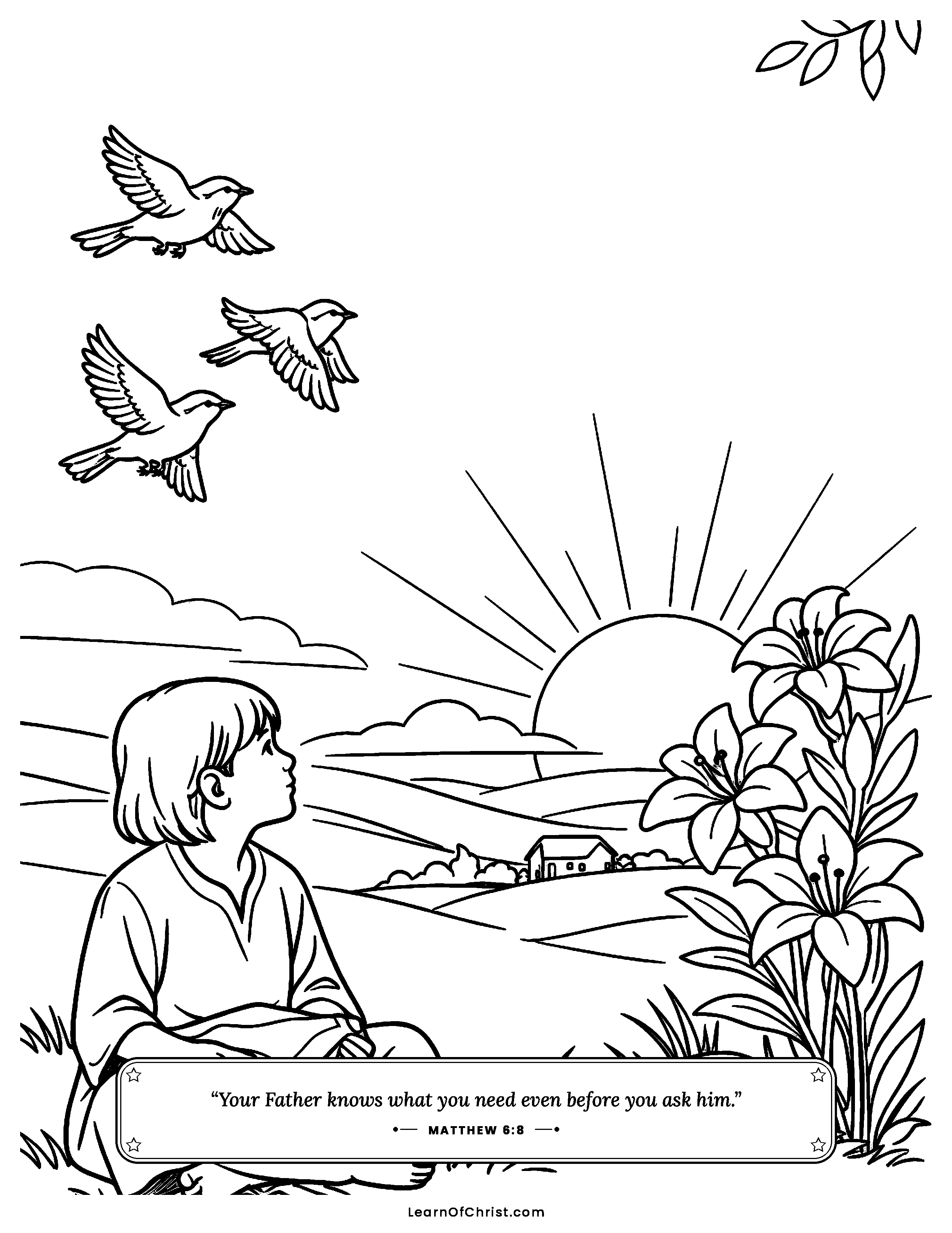 Matthew 6 coloring page - The birds and the lilies never worry. Free printable Bible coloring sheet for kids.