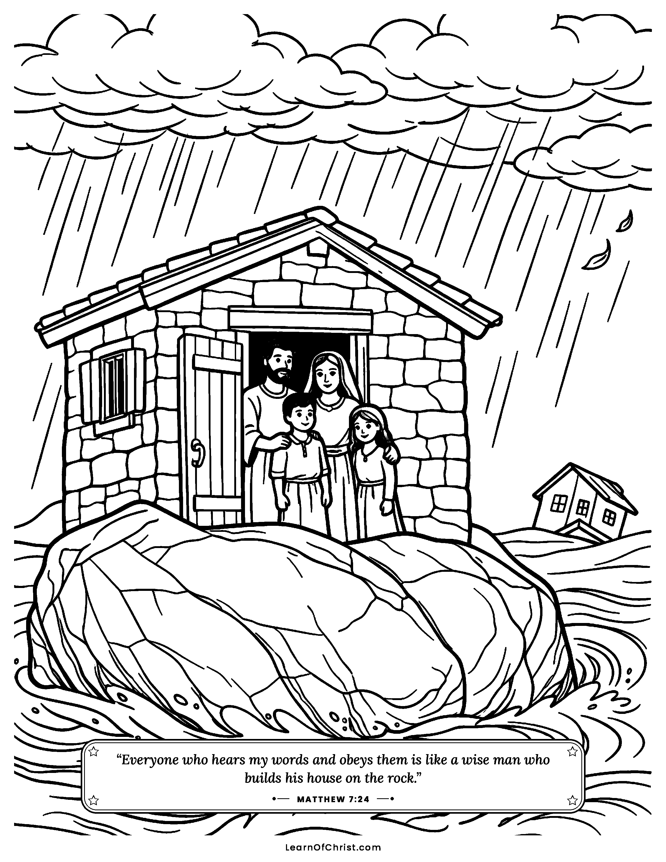 Matthew 7 coloring page - The house built on the solid rock. Free printable Bible coloring sheet for kids.