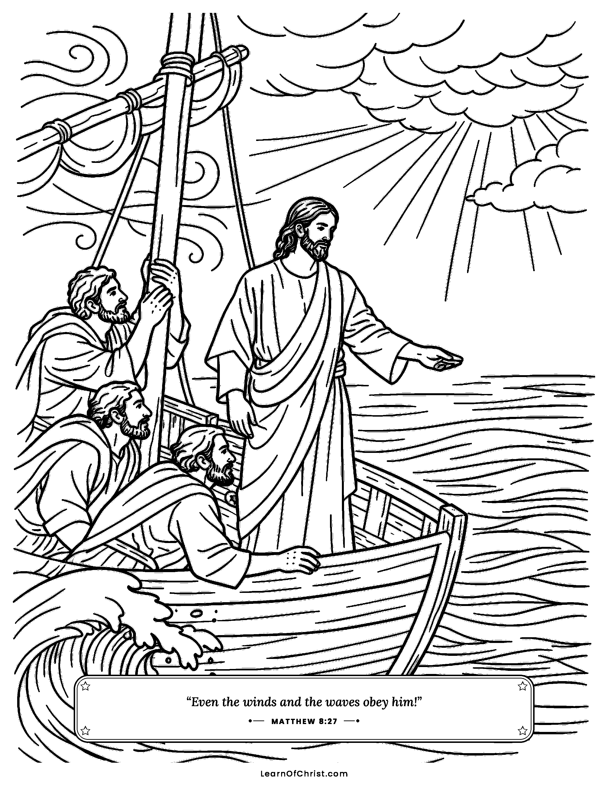 Matthew 8 coloring page - Jesus calms the storm on the lake. Free printable Bible coloring sheet for kids.