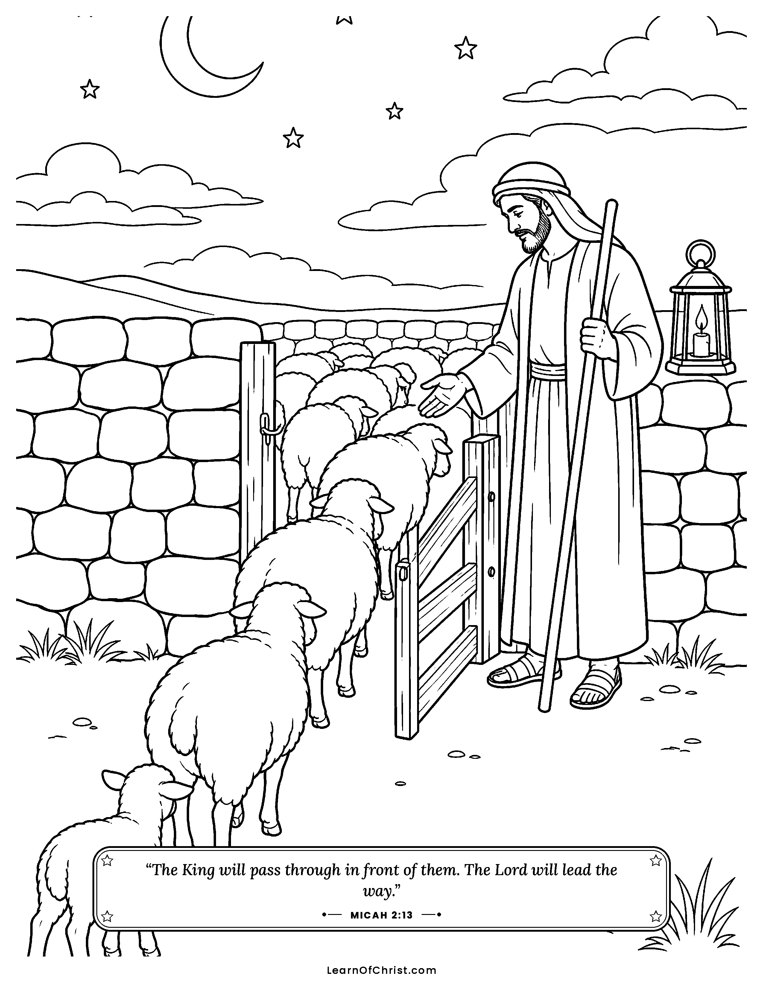 Micah 2 coloring page - Sheep gathered safely into the fold. Free printable Bible coloring sheet for kids.