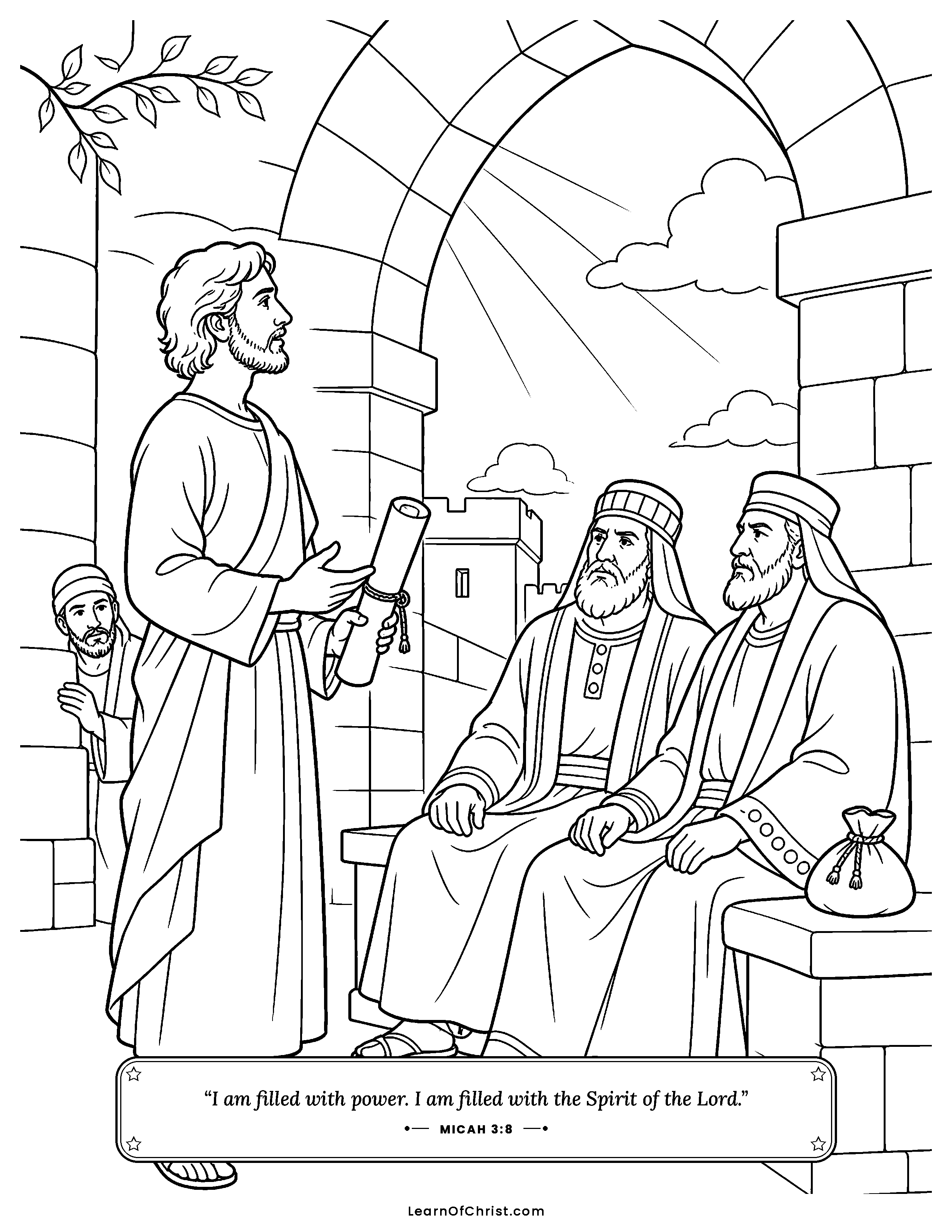 Micah 3 coloring page - Micah speaks the truth to the leaders. Free printable Bible coloring sheet for kids.