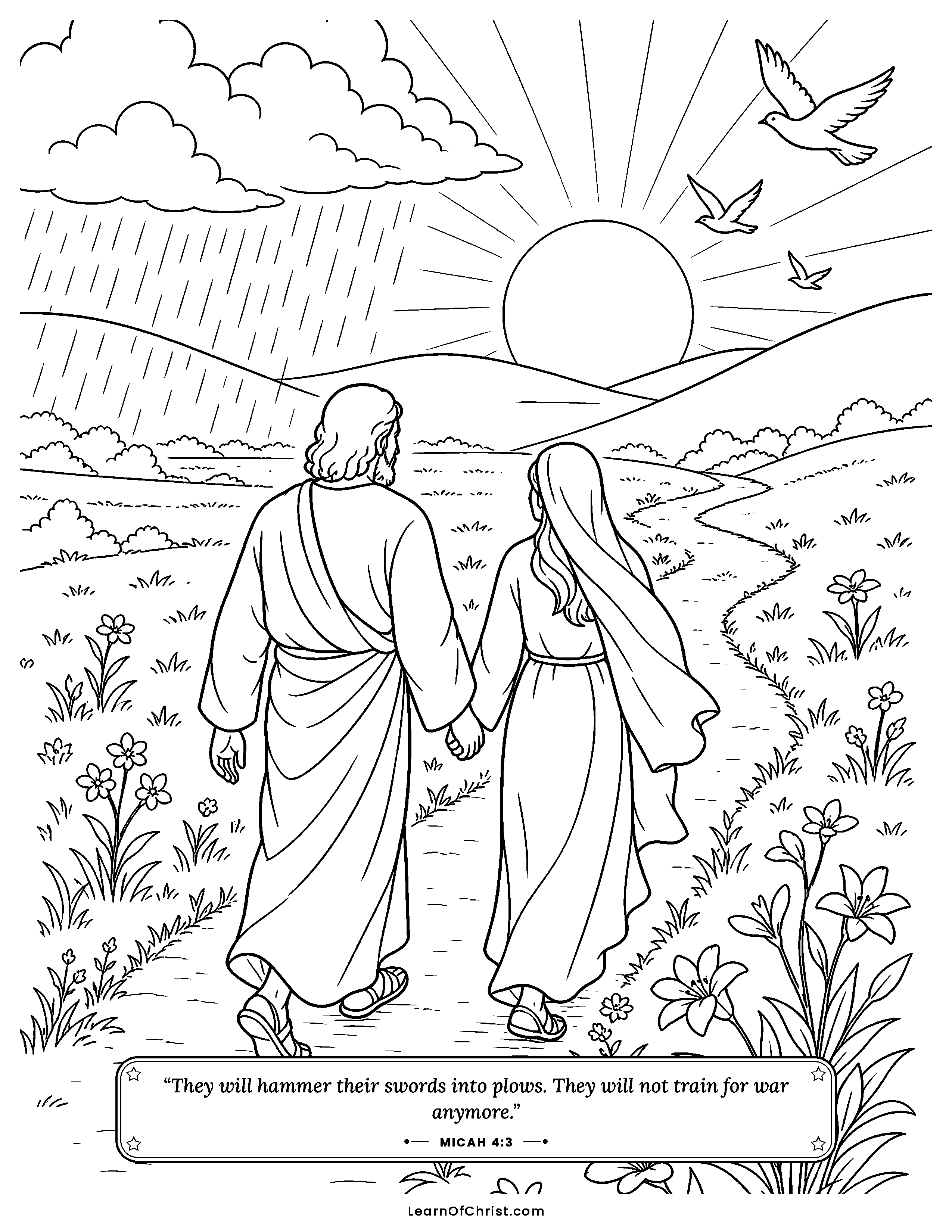 Micah 4 coloring page - Swords hammered into farming plows. Free printable Bible coloring sheet for kids.