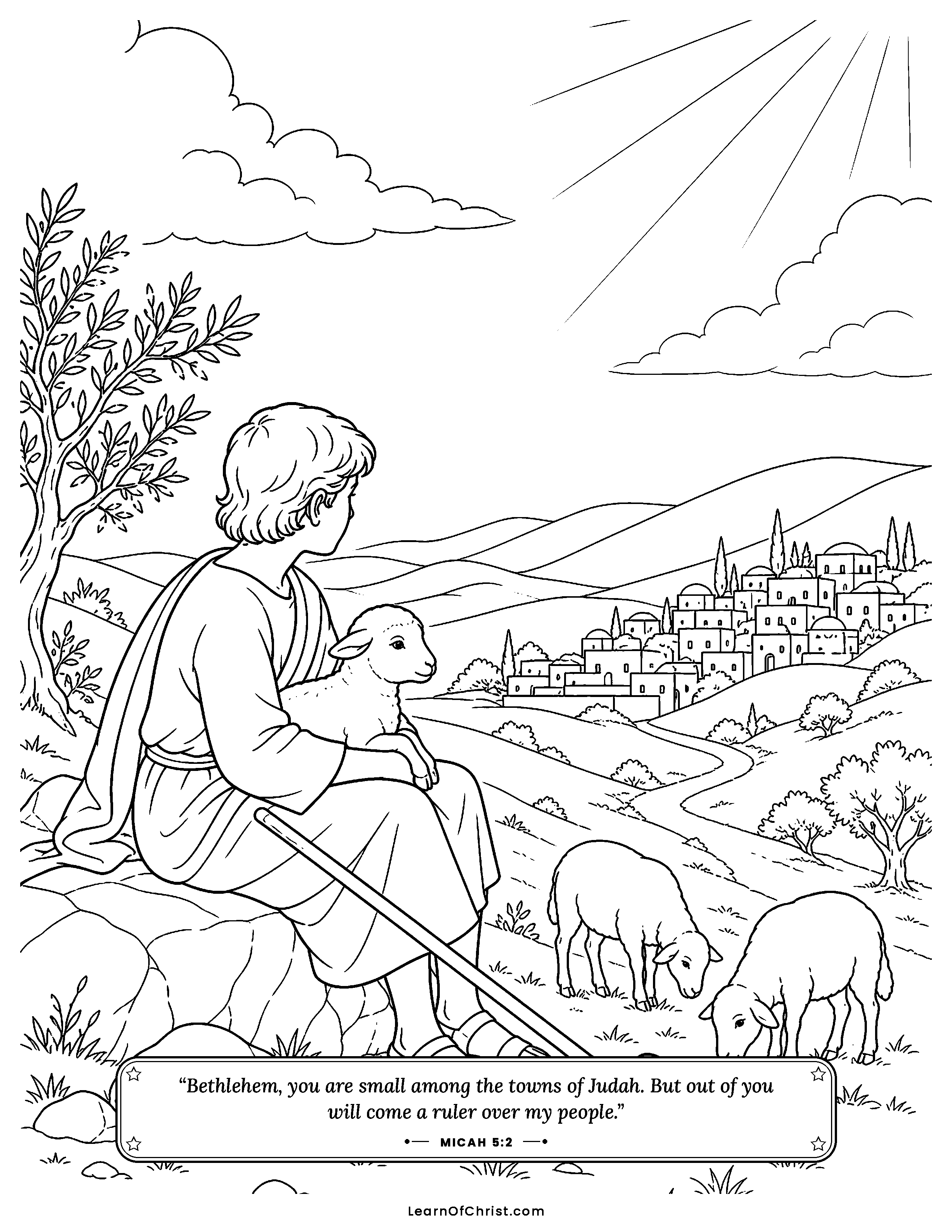 Micah 5 coloring page - A little town of shepherds at evening. Free printable Bible coloring sheet for kids.