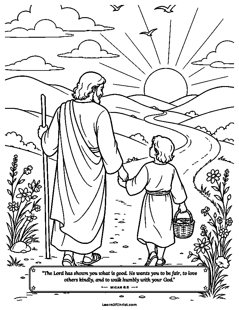 A parent and child walk the road