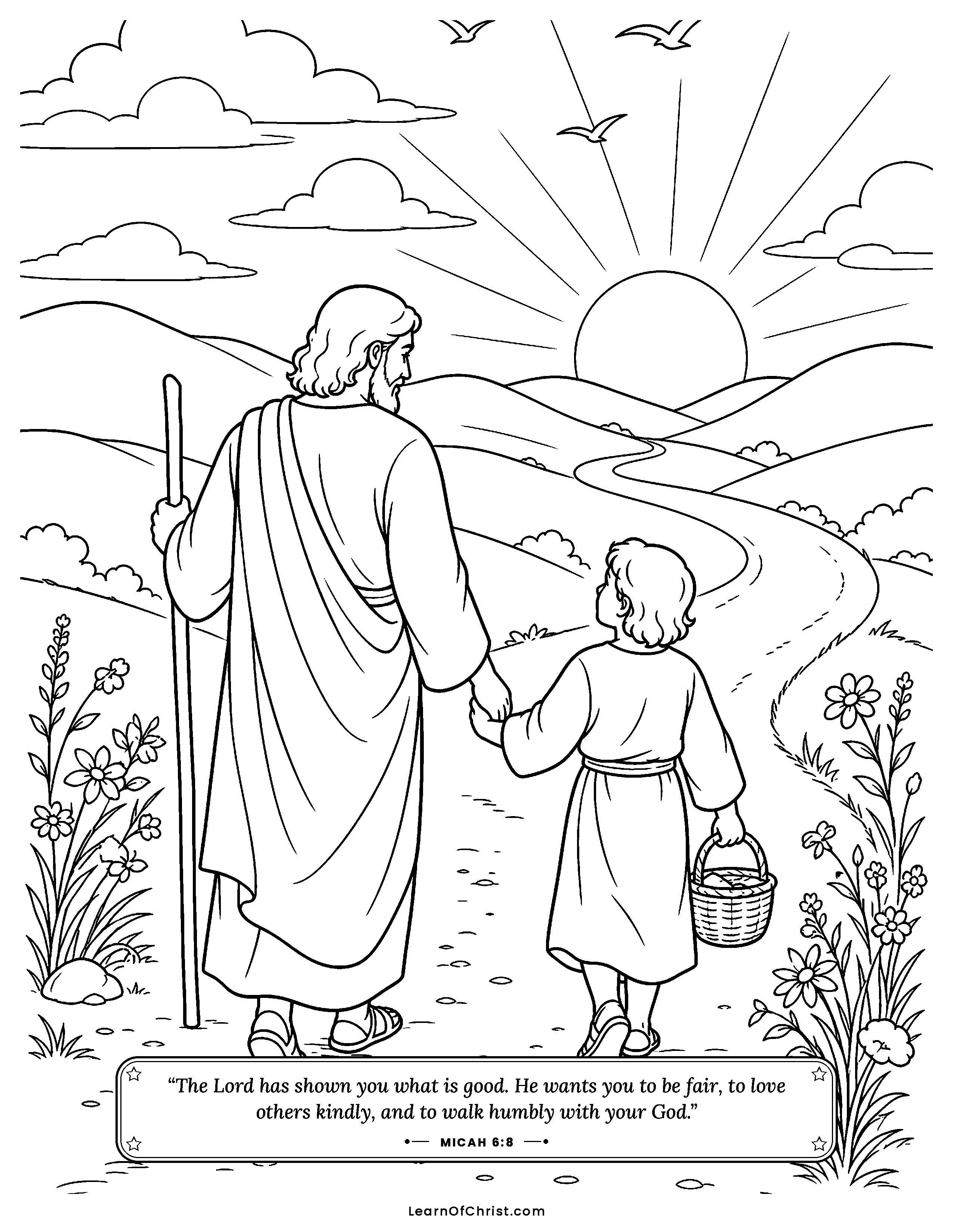 Micah 6 coloring page - A parent and child walk the road. Free printable Bible coloring sheet for kids.