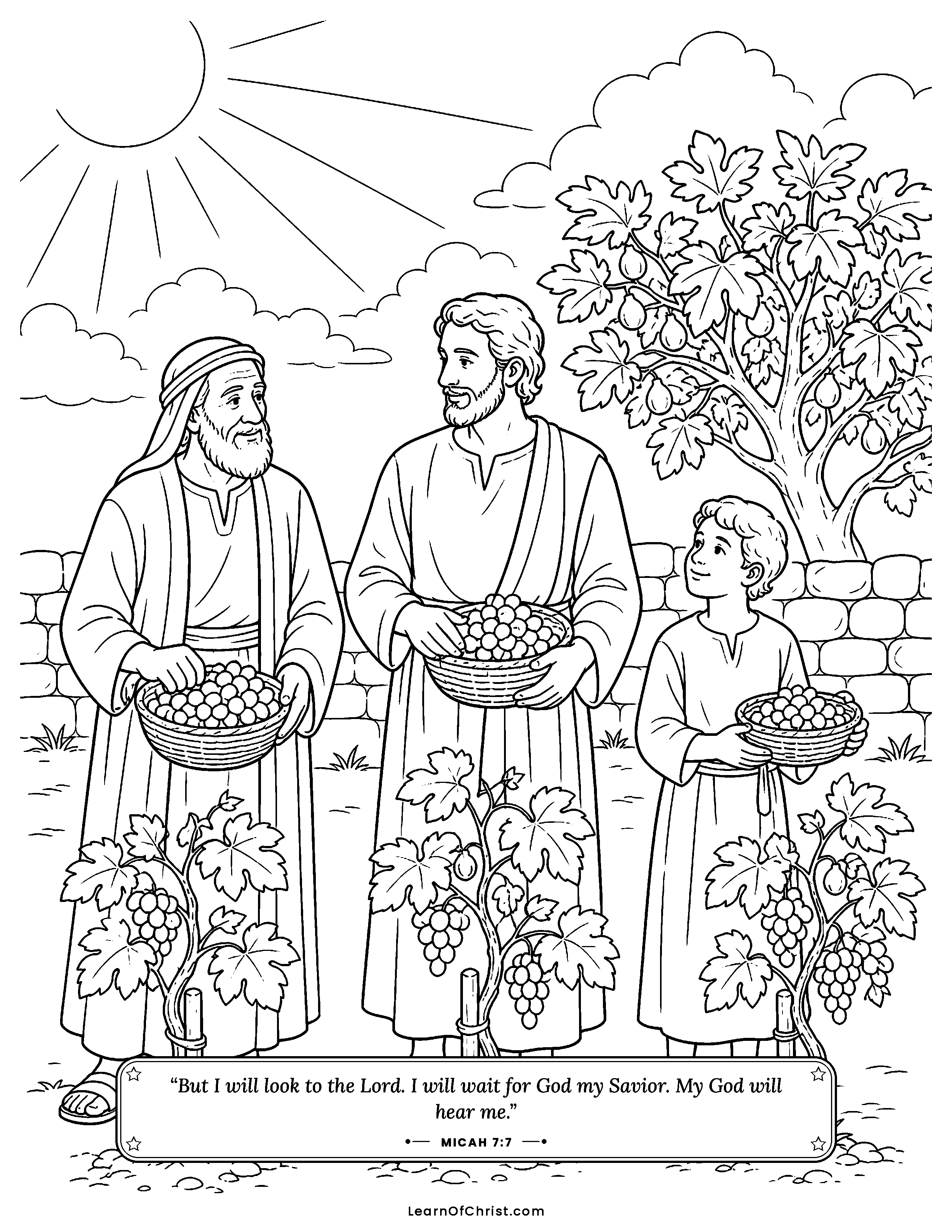 Micah 7 coloring page - Waiting and watching for God's help. Free printable Bible coloring sheet for kids.