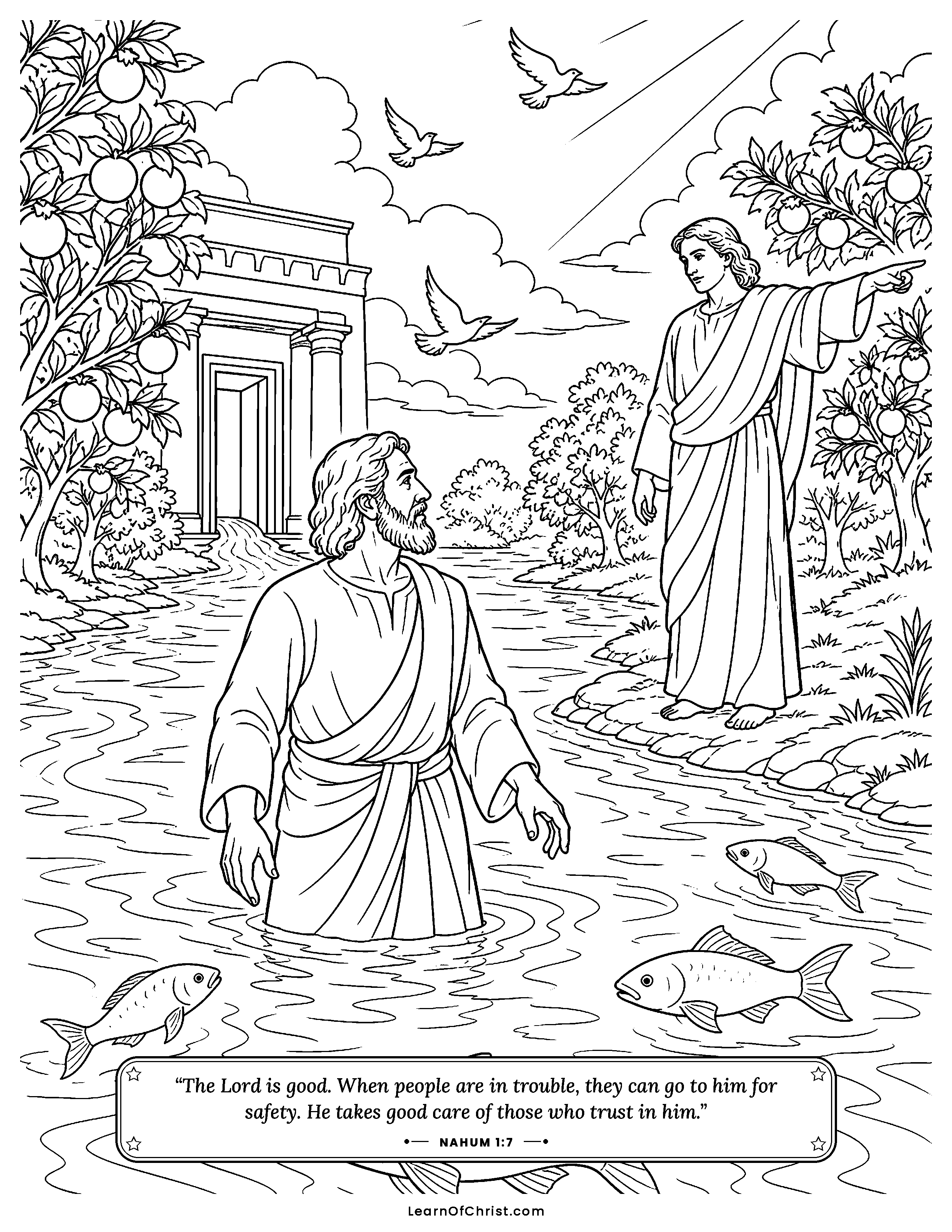 Nahum 1 coloring page - A runner brings good news over the hills. Free printable Bible coloring sheet for kids.