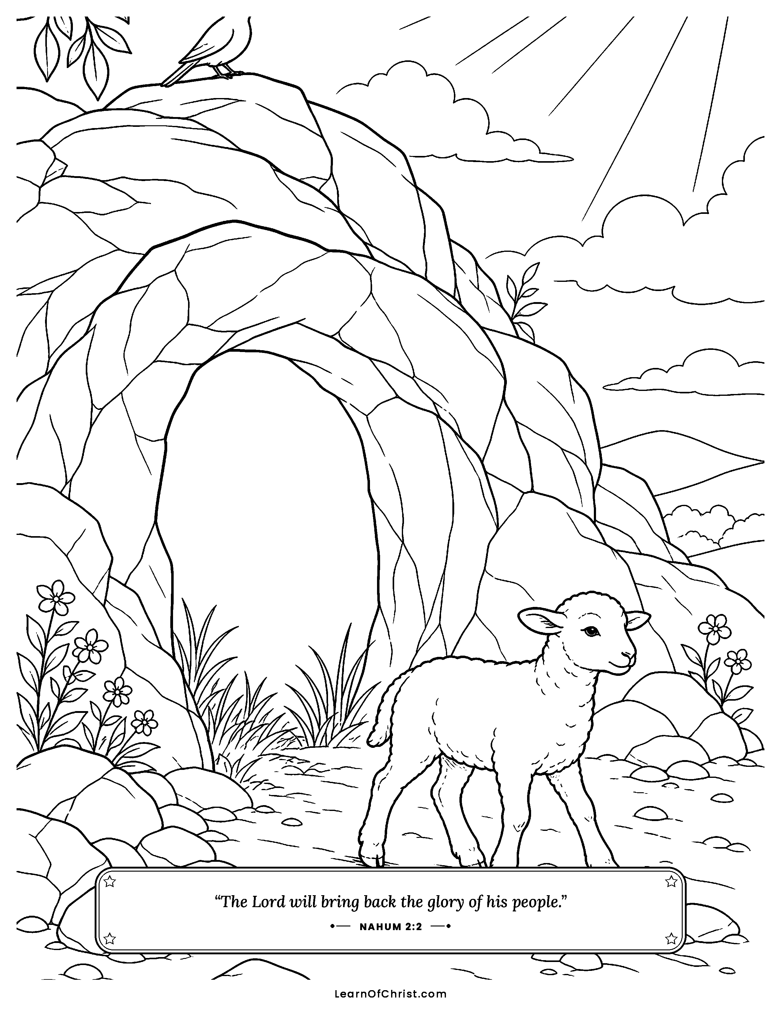 Nahum 2 coloring page - The empty lions' den stands quiet. Free printable Bible coloring sheet for kids.