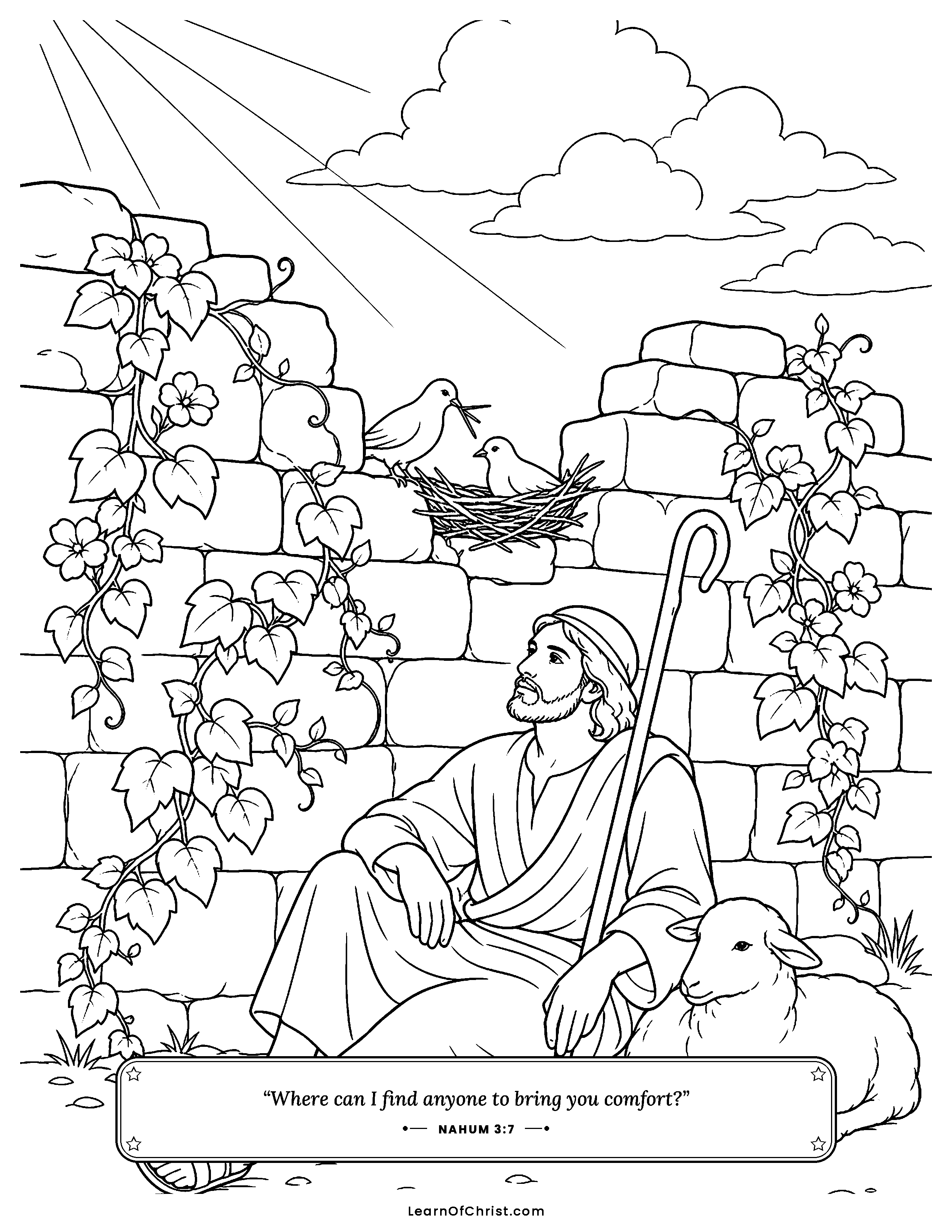 Nahum 3 coloring page - Flowers grow on the old fallen wall. Free printable Bible coloring sheet for kids.