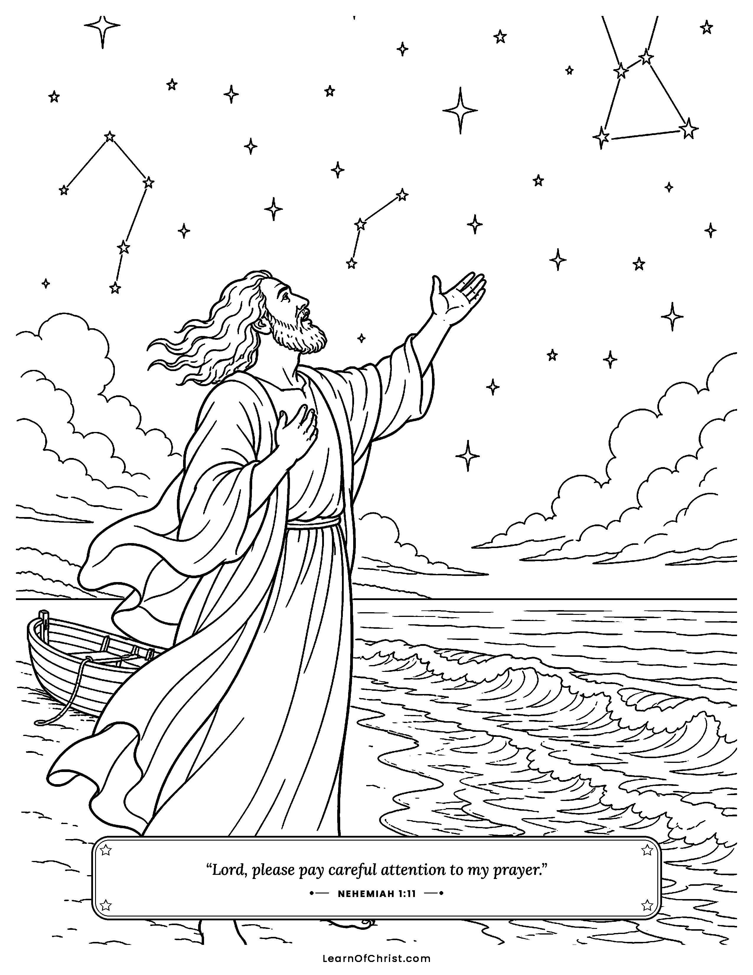 Nehemiah 1 coloring page - Nehemiah prays at the palace window. Free printable Bible coloring sheet for kids.