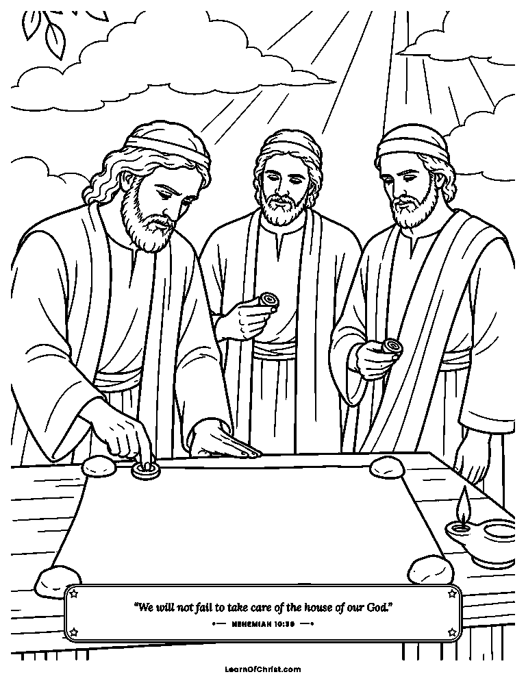 Nehemiah 10 coloring page - Leaders press their seals on the promise