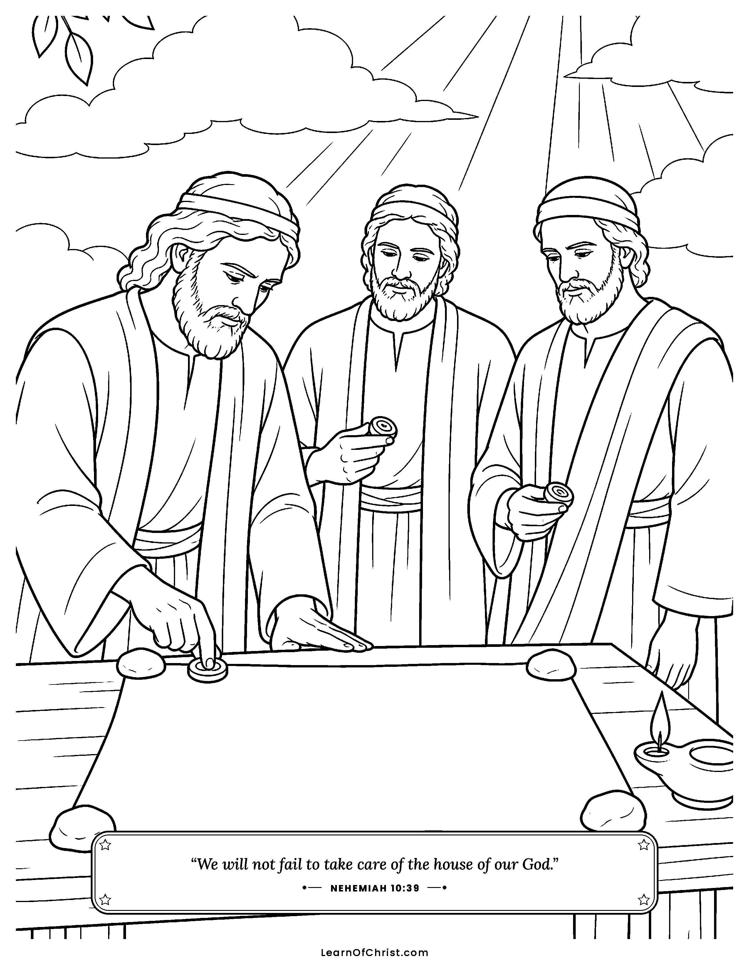Nehemiah 10 coloring page - Leaders press their seals on the promise. Free printable Bible coloring sheet for kids.