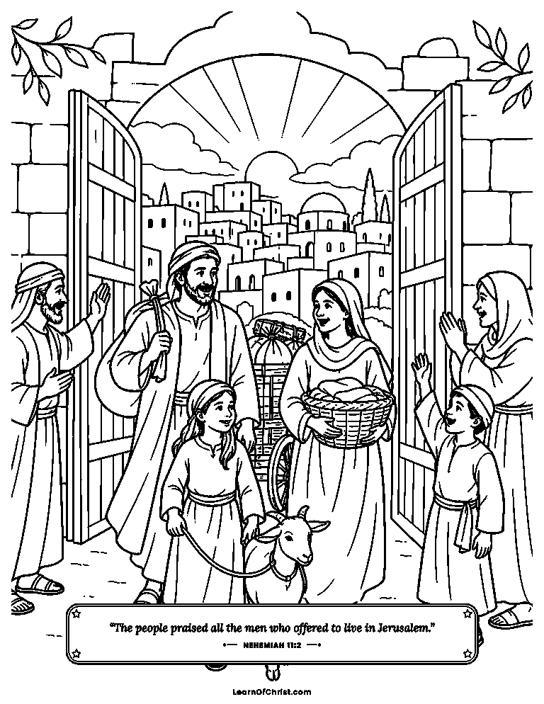 Nehemiah 11 coloring page - Families volunteer to move into the city
