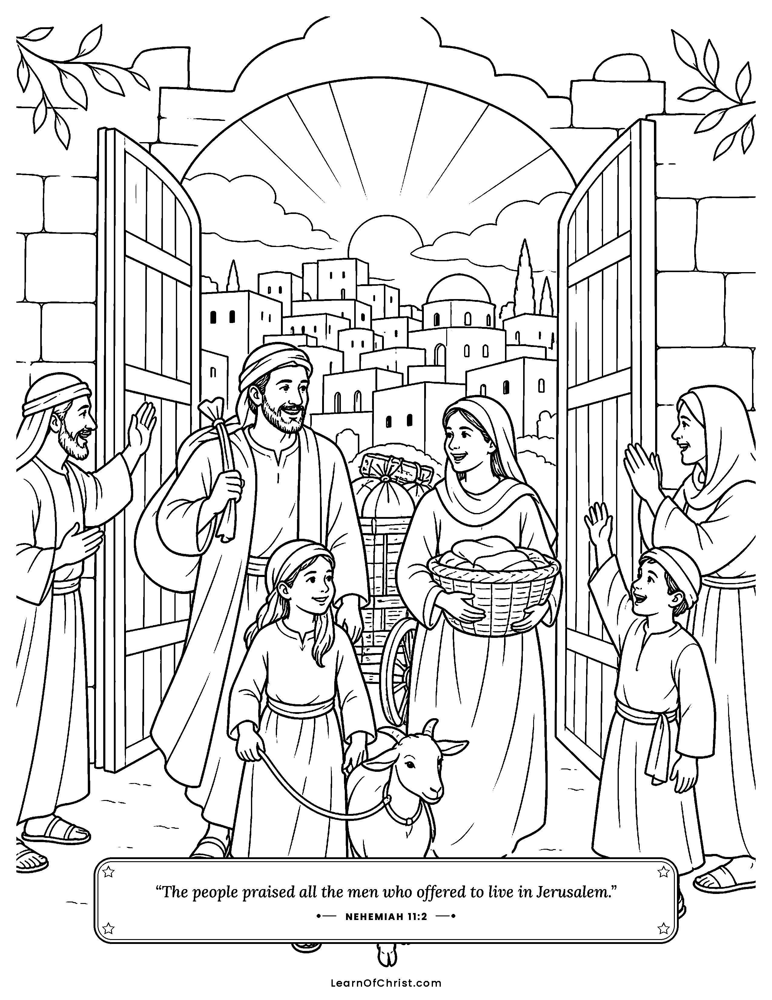 Nehemiah 11 coloring page - Families volunteer to move into the city. Free printable Bible coloring sheet for kids.