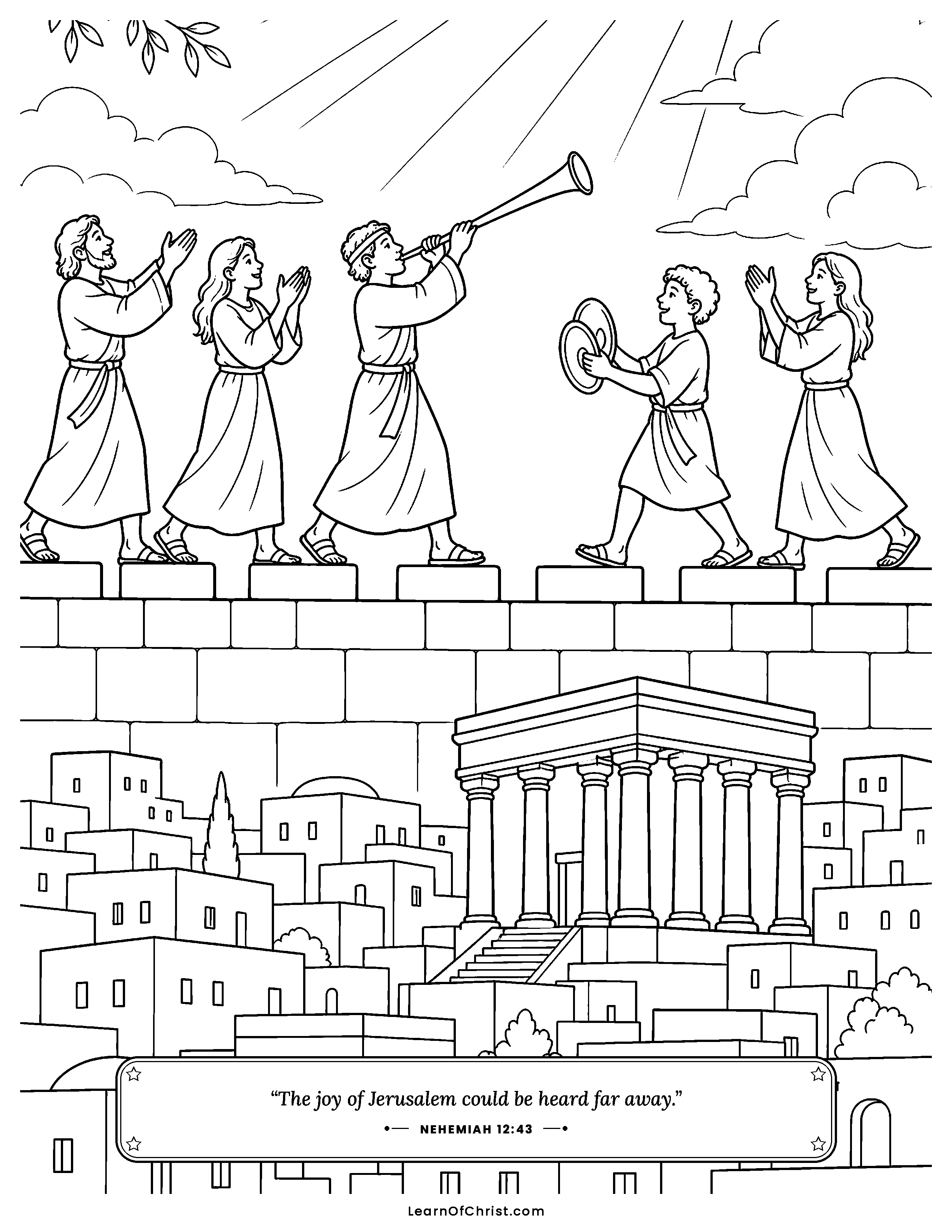 Nehemiah 12 coloring page - Two singing choirs march on the wall. Free printable Bible coloring sheet for kids.