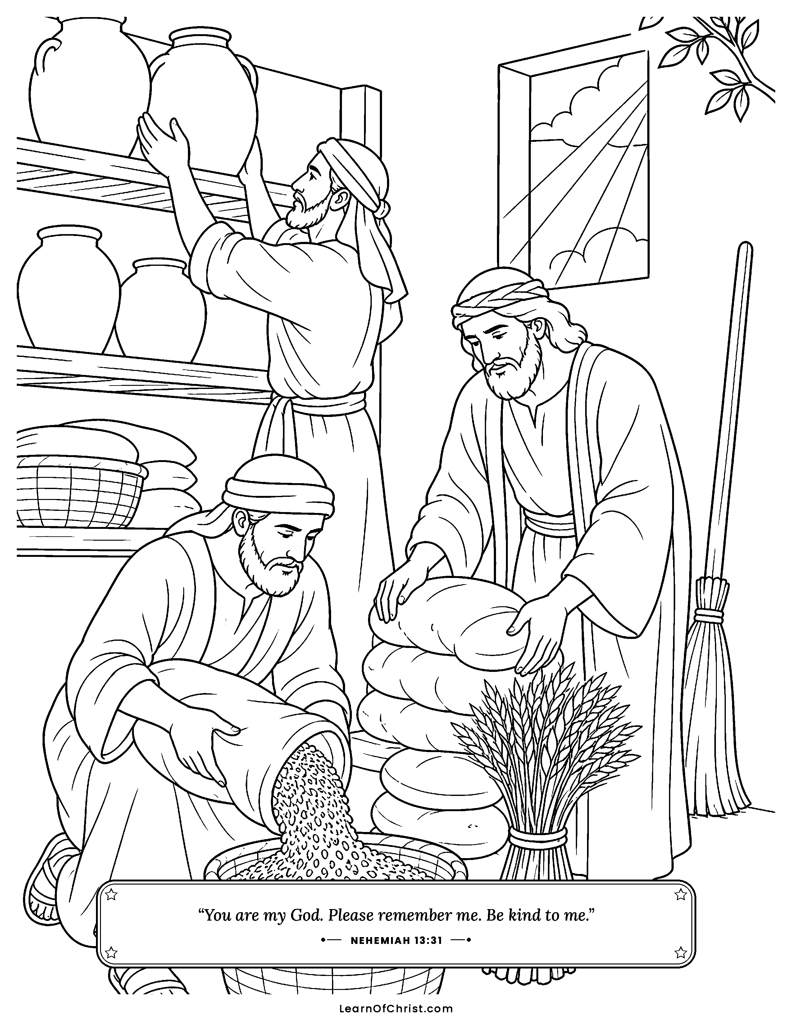 Nehemiah 13 coloring page - Filling the storerooms again. Free printable Bible coloring sheet for kids.