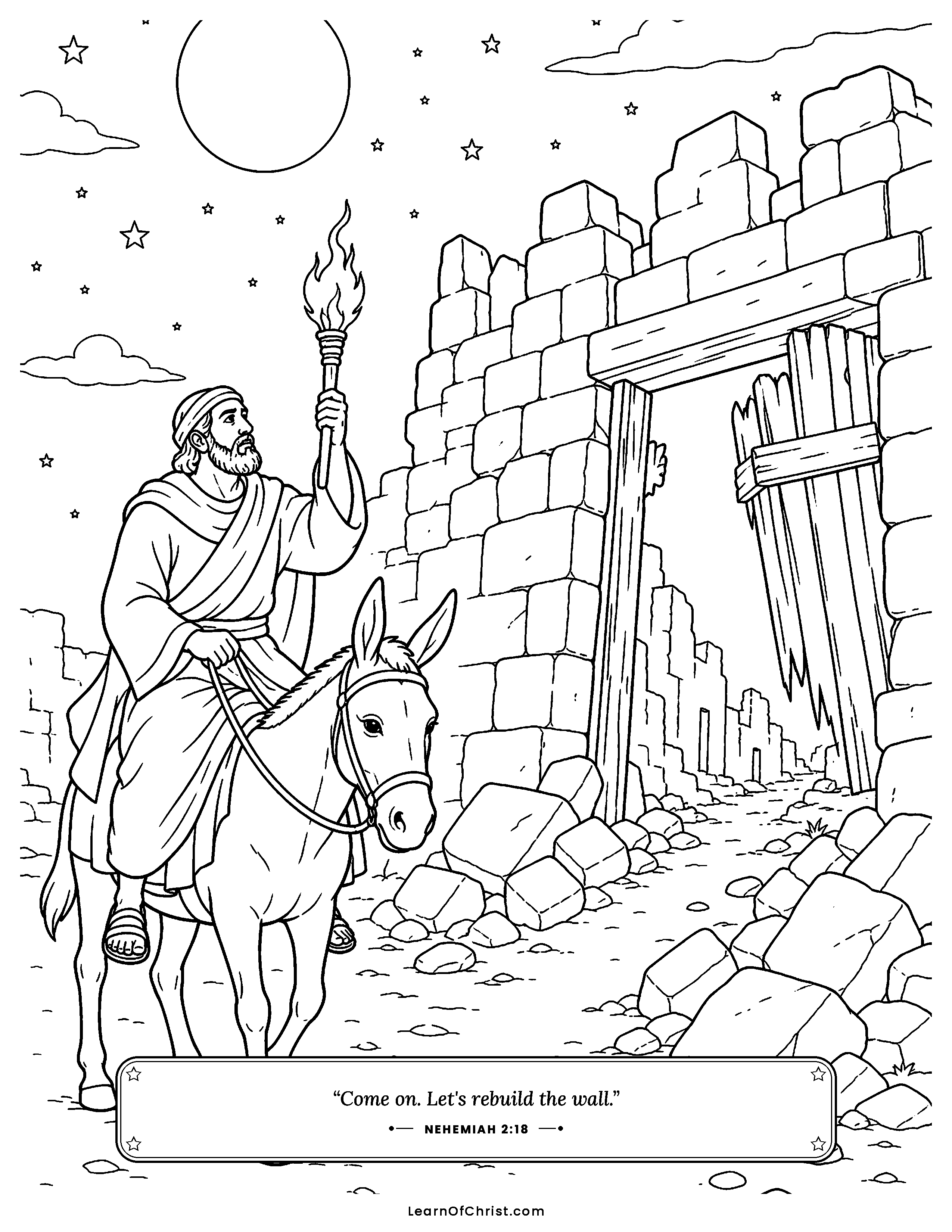 Nehemiah 2 coloring page - Riding out at night to see the broken walls. Free printable Bible coloring sheet for kids.