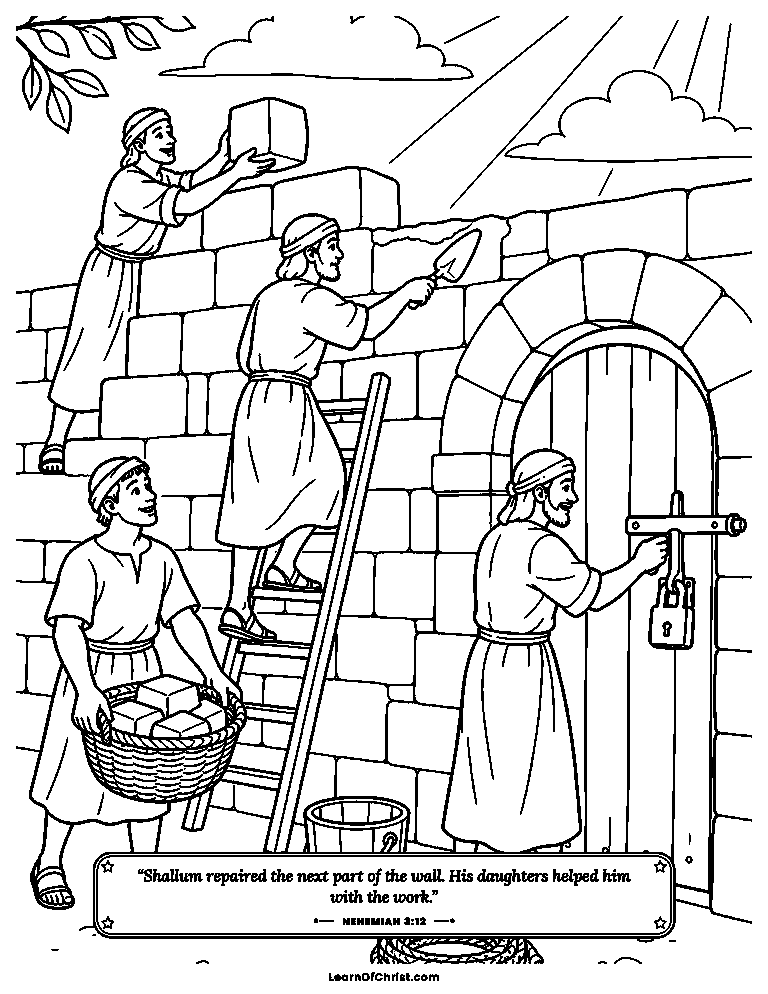 Nehemiah 3 coloring page - Everyone builds their own part of the wall