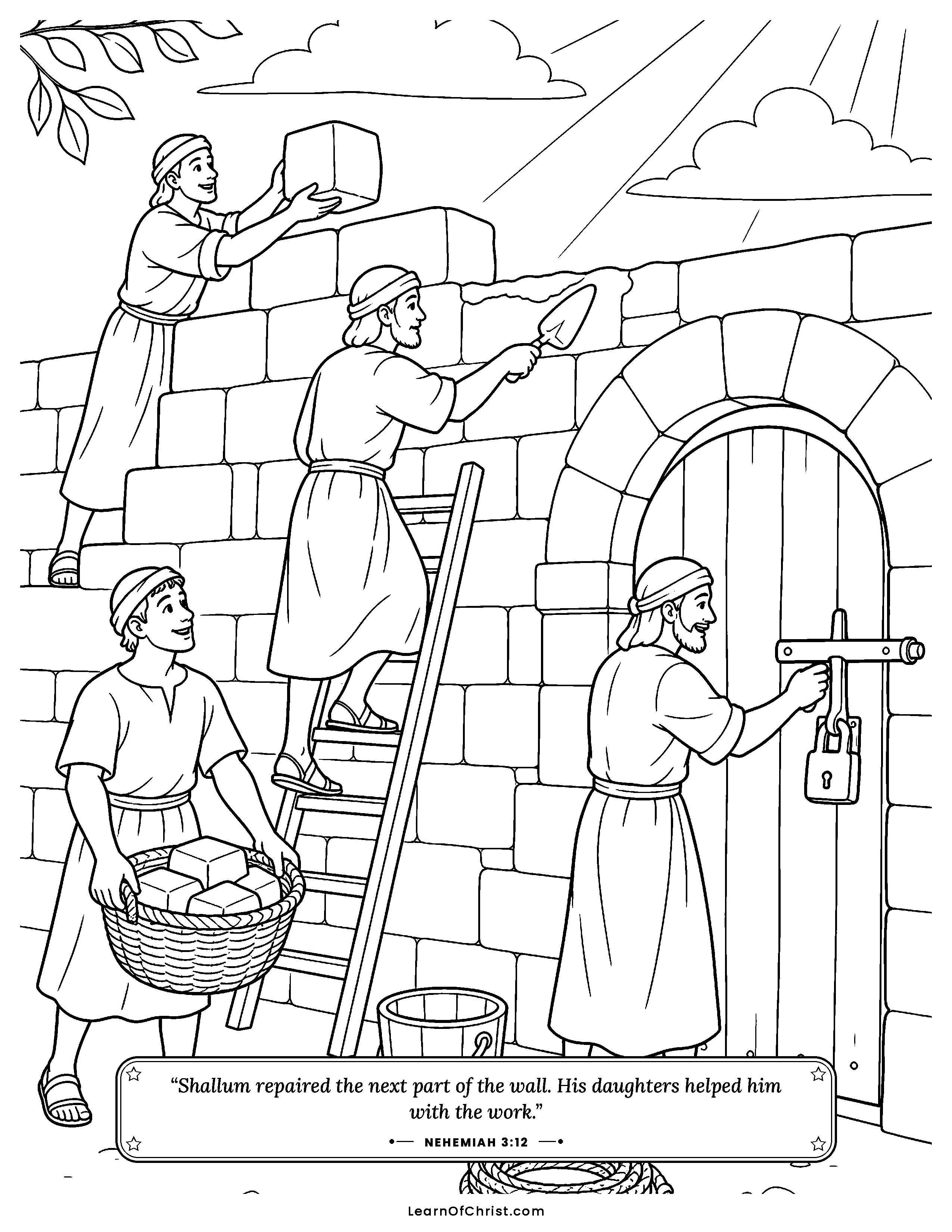 Nehemiah 3 coloring page - Everyone builds their own part of the wall. Free printable Bible coloring sheet for kids.