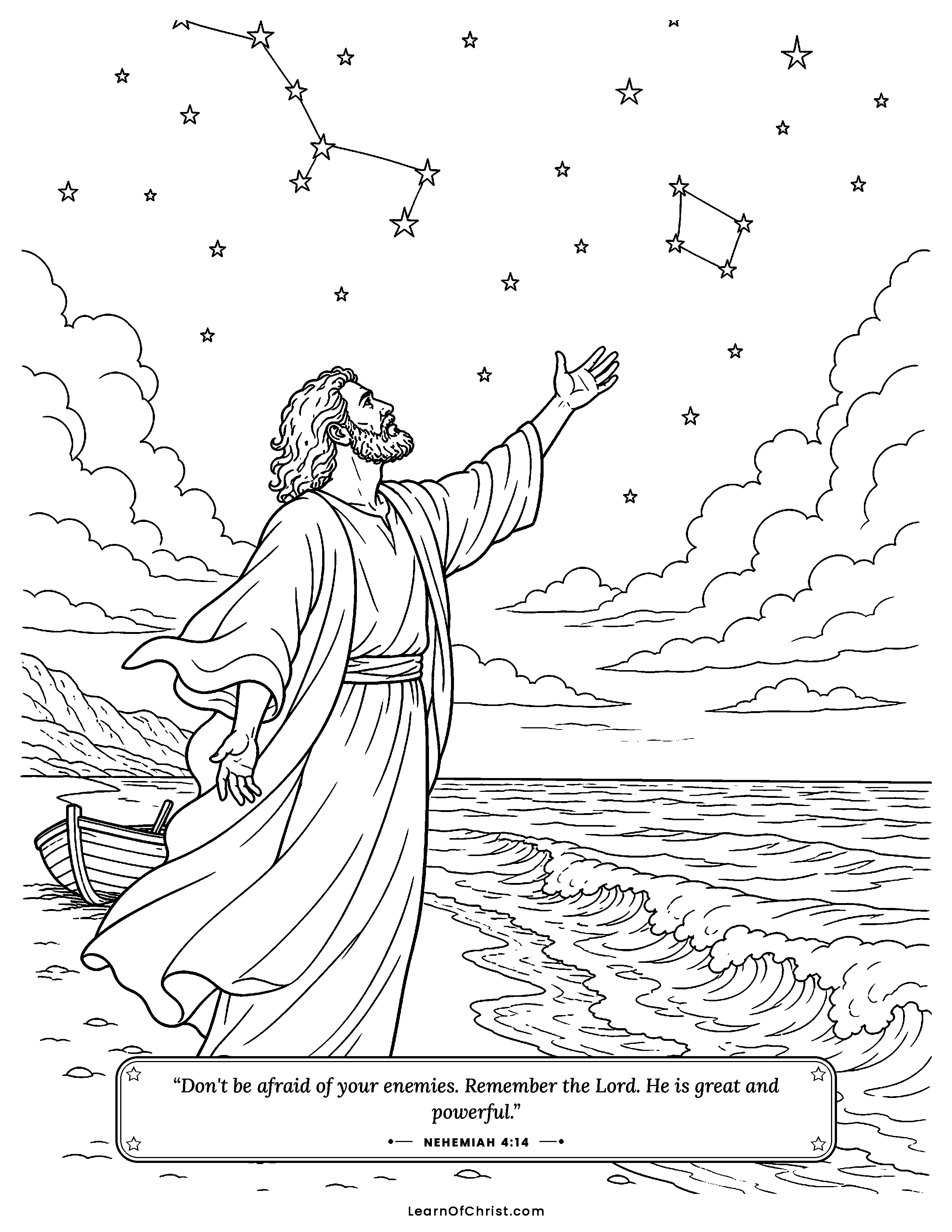 Nehemiah 4 coloring page - Builders keep working while a horn watches. Free printable Bible coloring sheet for kids.