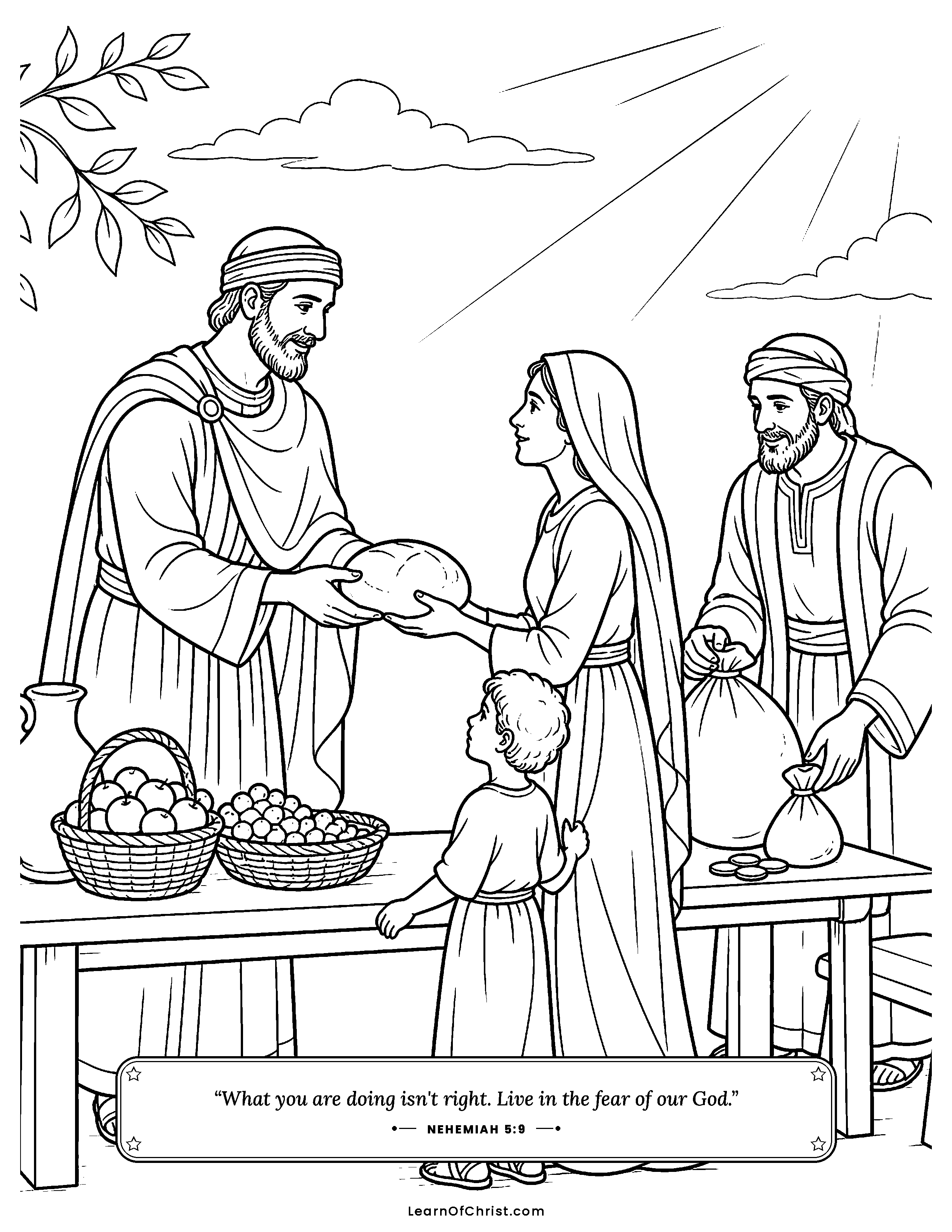 Nehemiah 5 coloring page - Nehemiah shares his food with hungry families. Free printable Bible coloring sheet for kids.