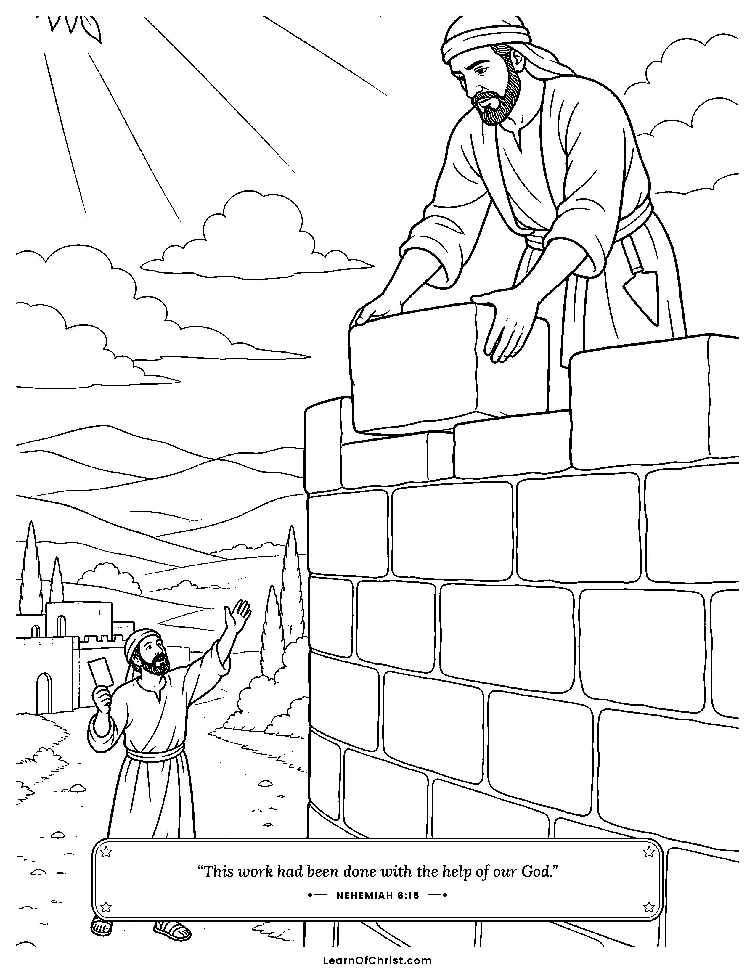Nehemiah 6 coloring page - The very last stone of the wall. Free printable Bible coloring sheet for kids.