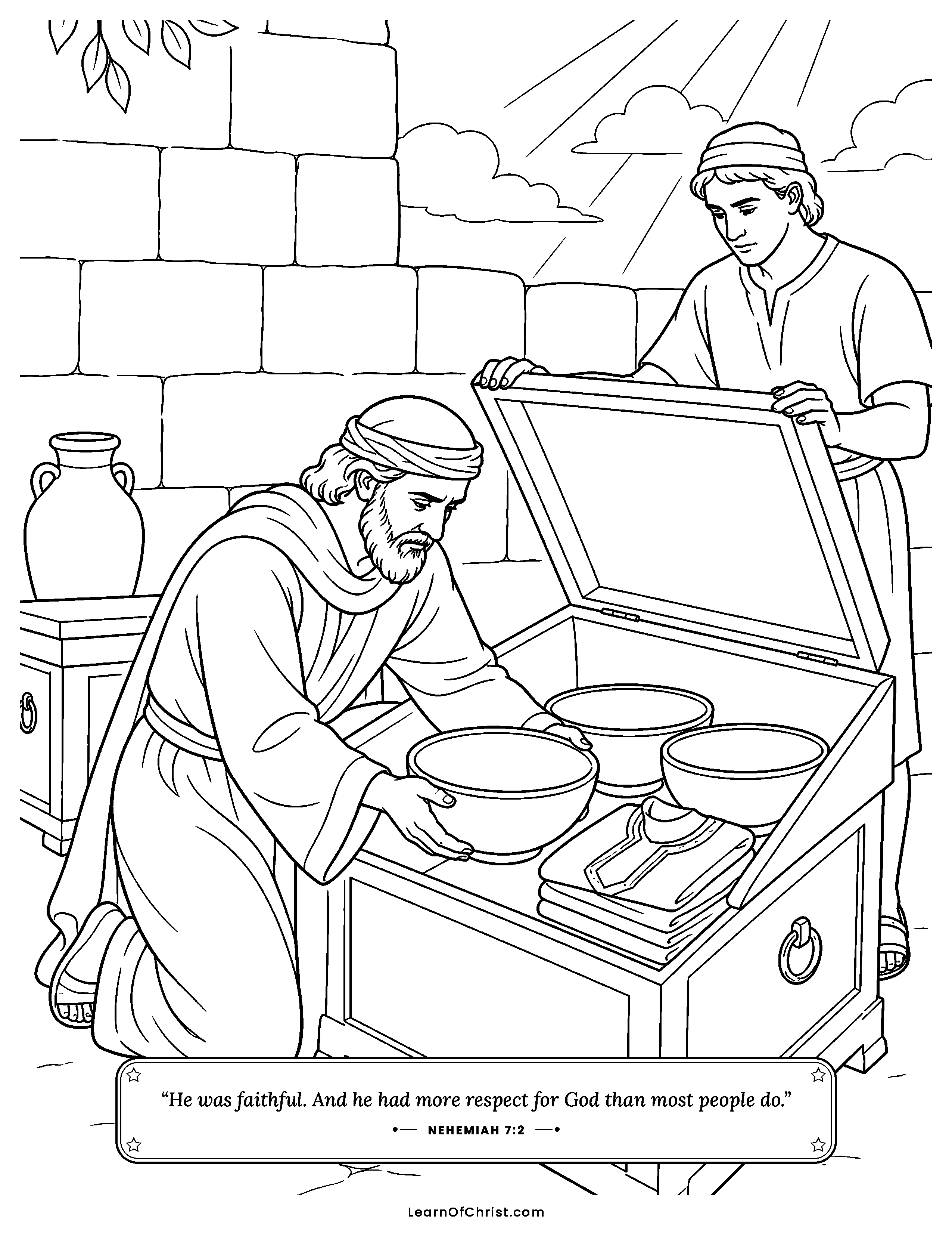 Nehemiah 7 coloring page - Gold bowls and robes for the work. Free printable Bible coloring sheet for kids.
