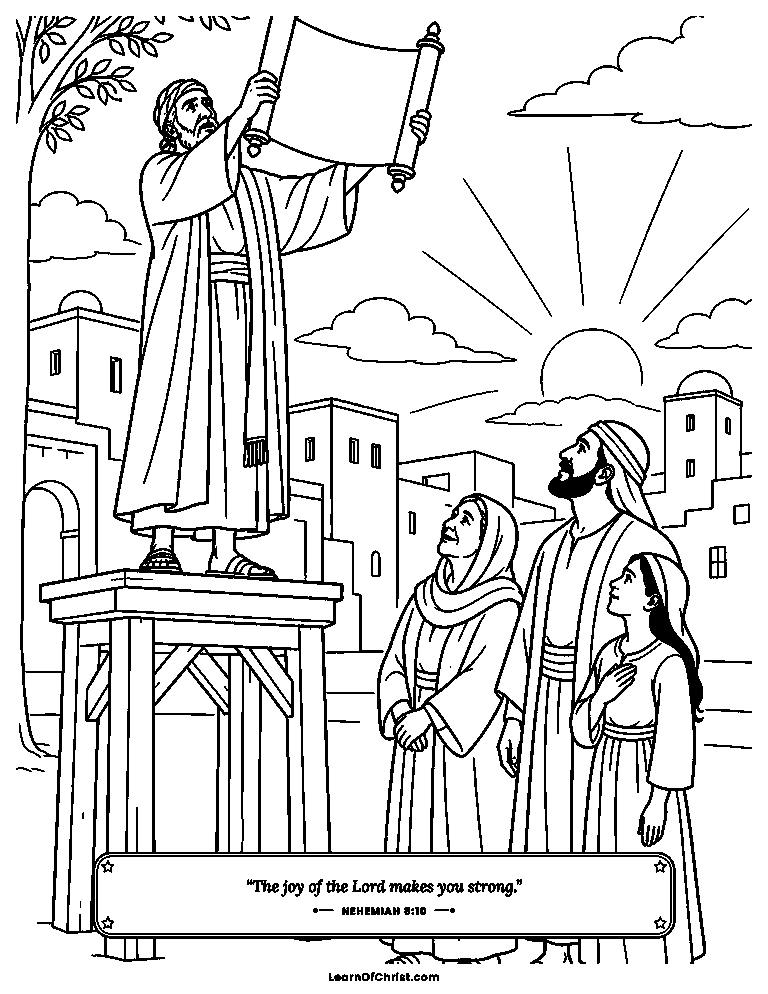 Ezra reads God's book from a wooden platform