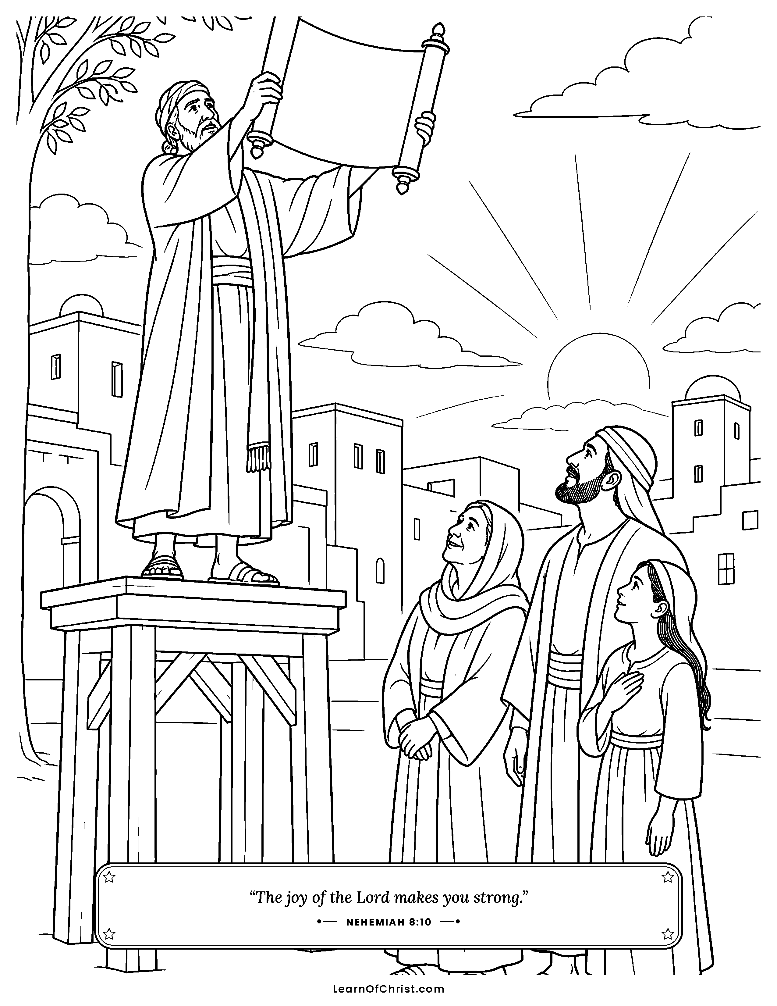 Nehemiah 8 coloring page - Ezra reads God's book from a wooden platform. Free printable Bible coloring sheet for kids.