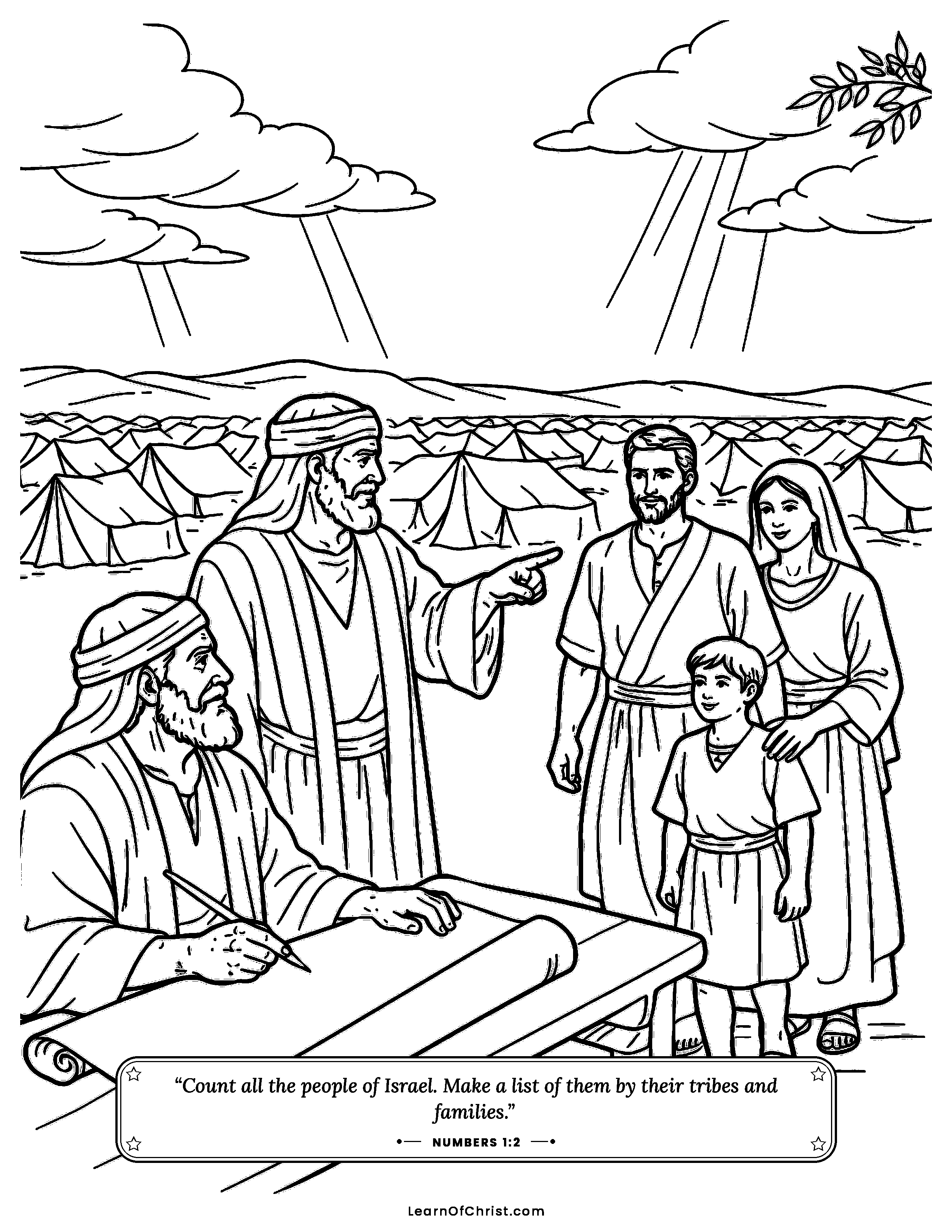 Numbers 1 coloring page - Counting God's great big family. Free printable Bible coloring sheet for kids.